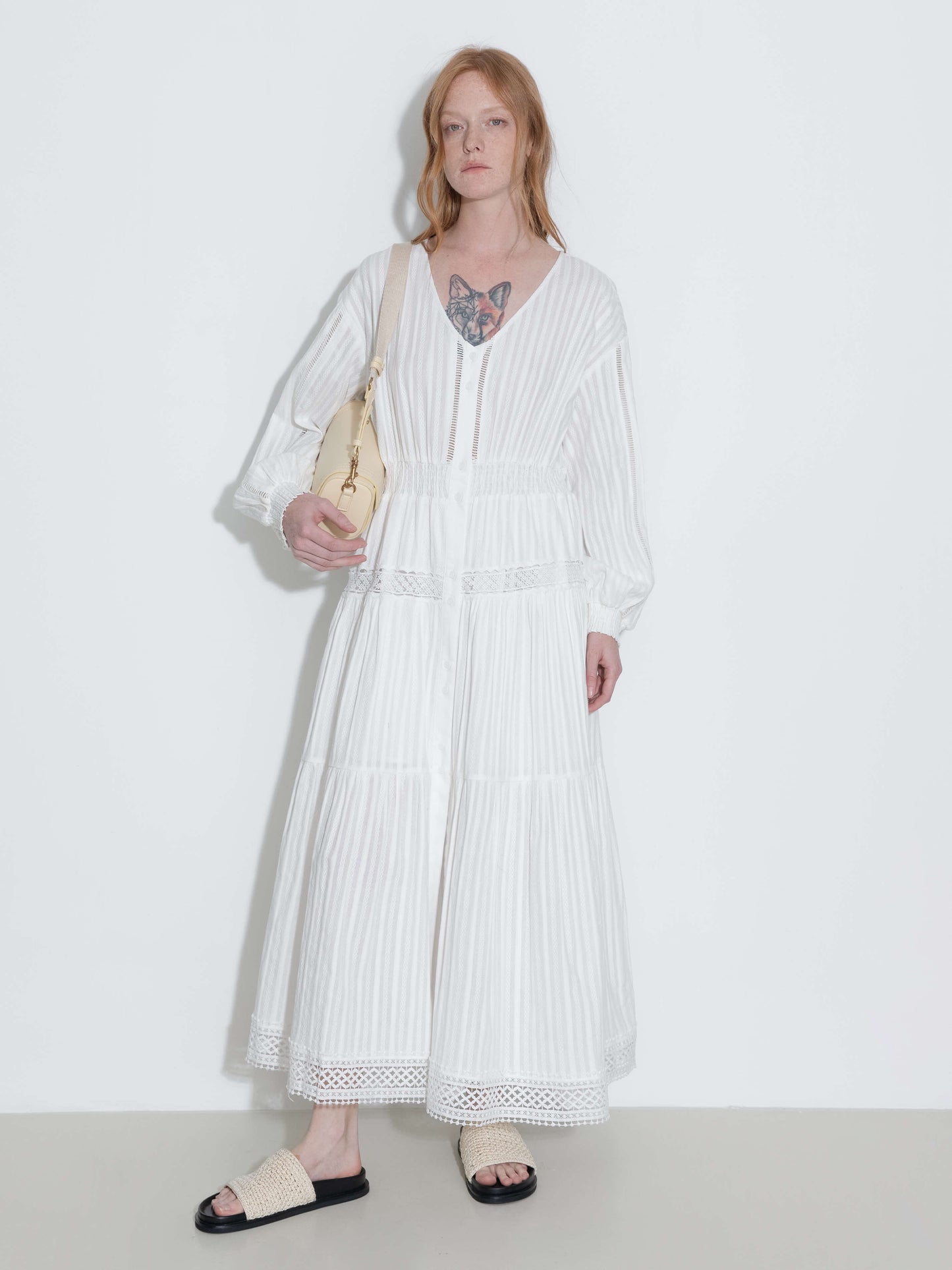 100% Cotton Lace Hollow V-Neck Waist-Cinched Maxi Dress