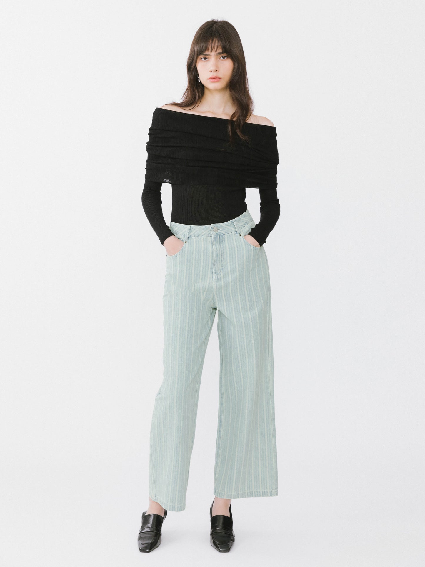 Pinstriped Wide Leg Cropped Jeans