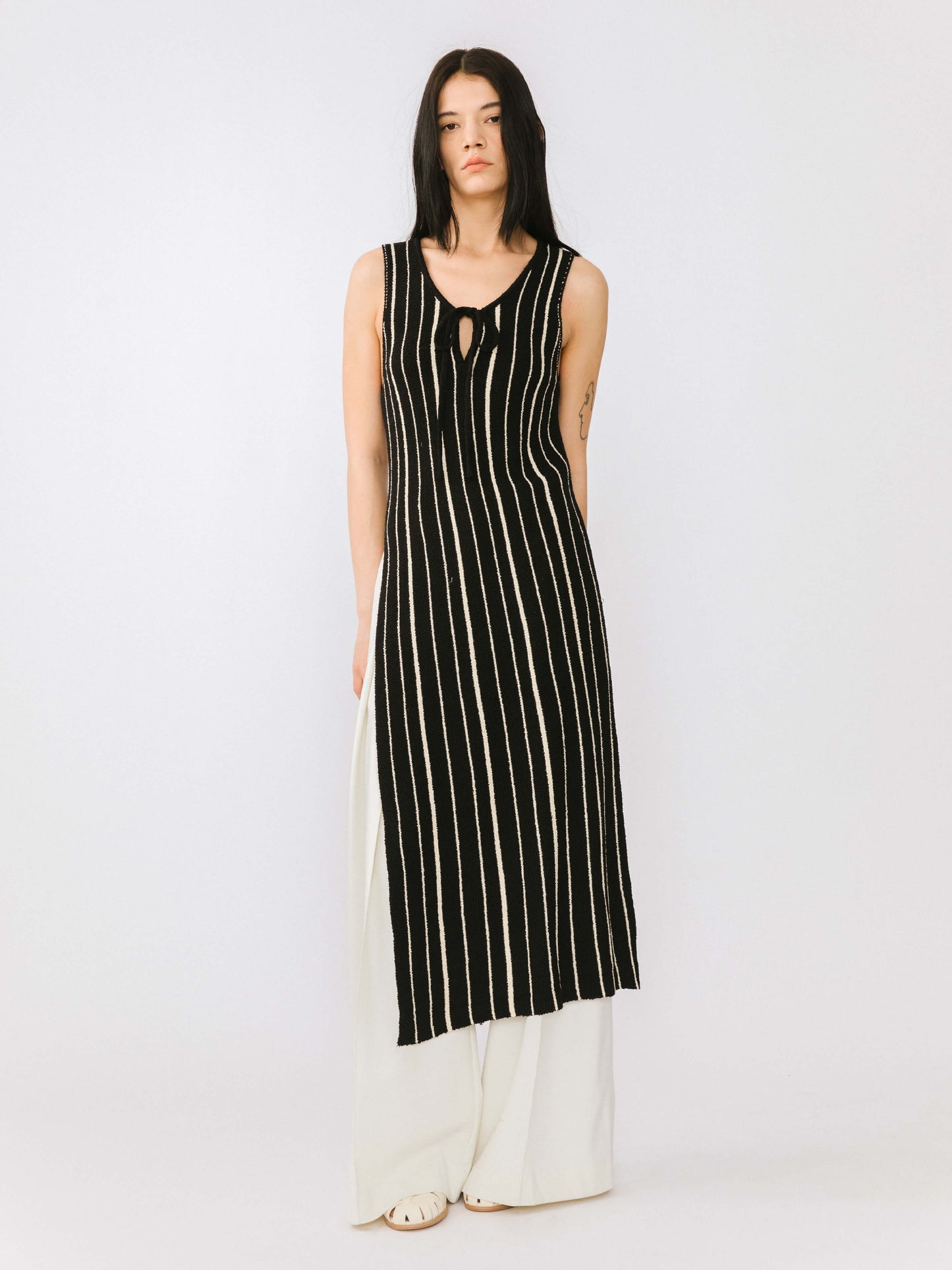 High Slit Striped Knit Sleeveless Dress