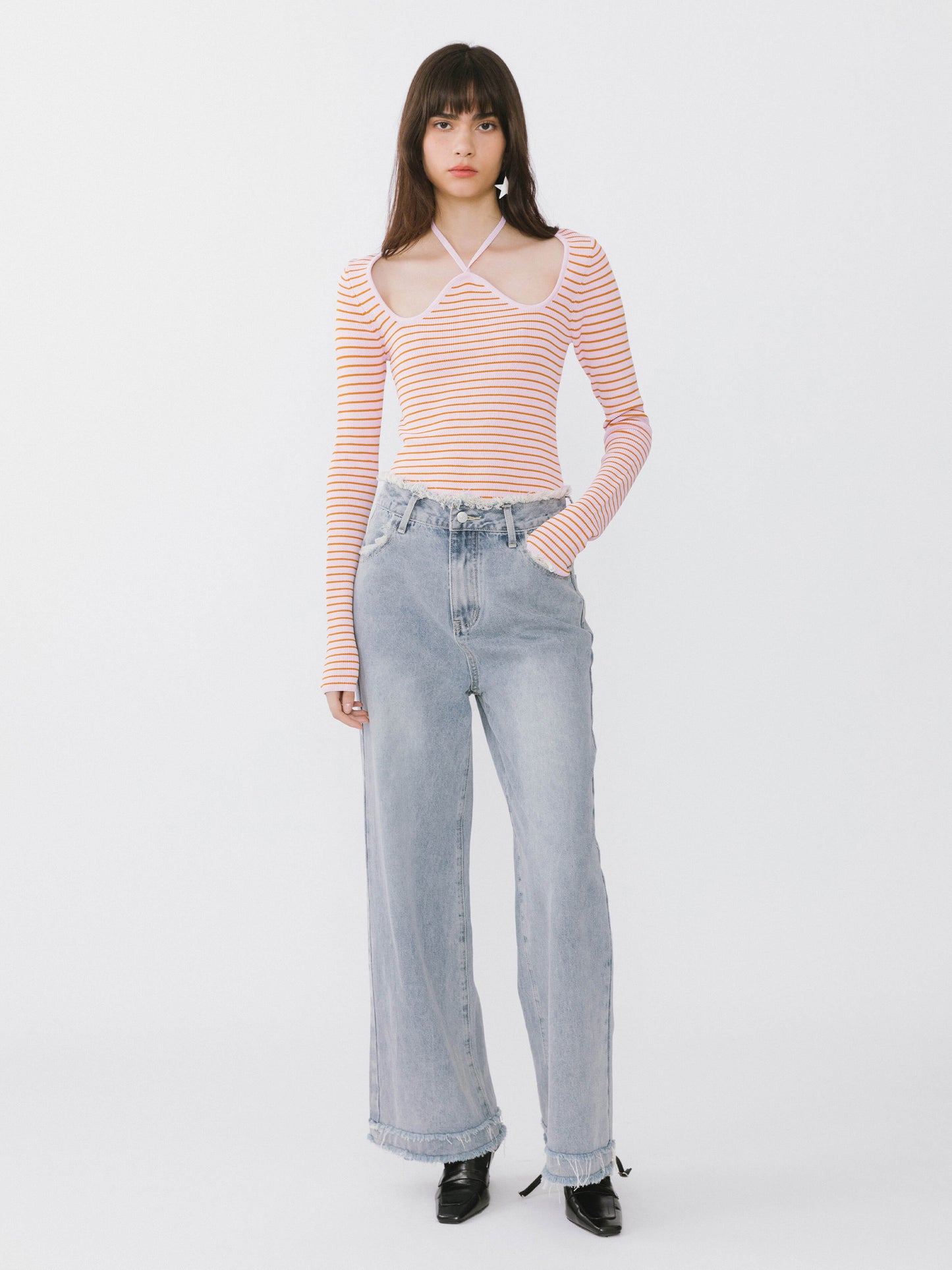 Chest Cut Out Striped Long Sleeve Top