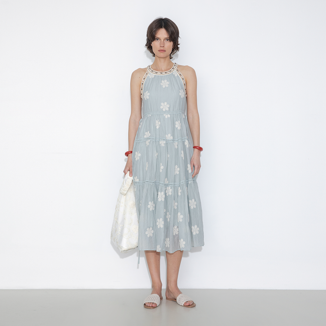 A-Line Halter Round-Neck Embroidered Maxi Dress