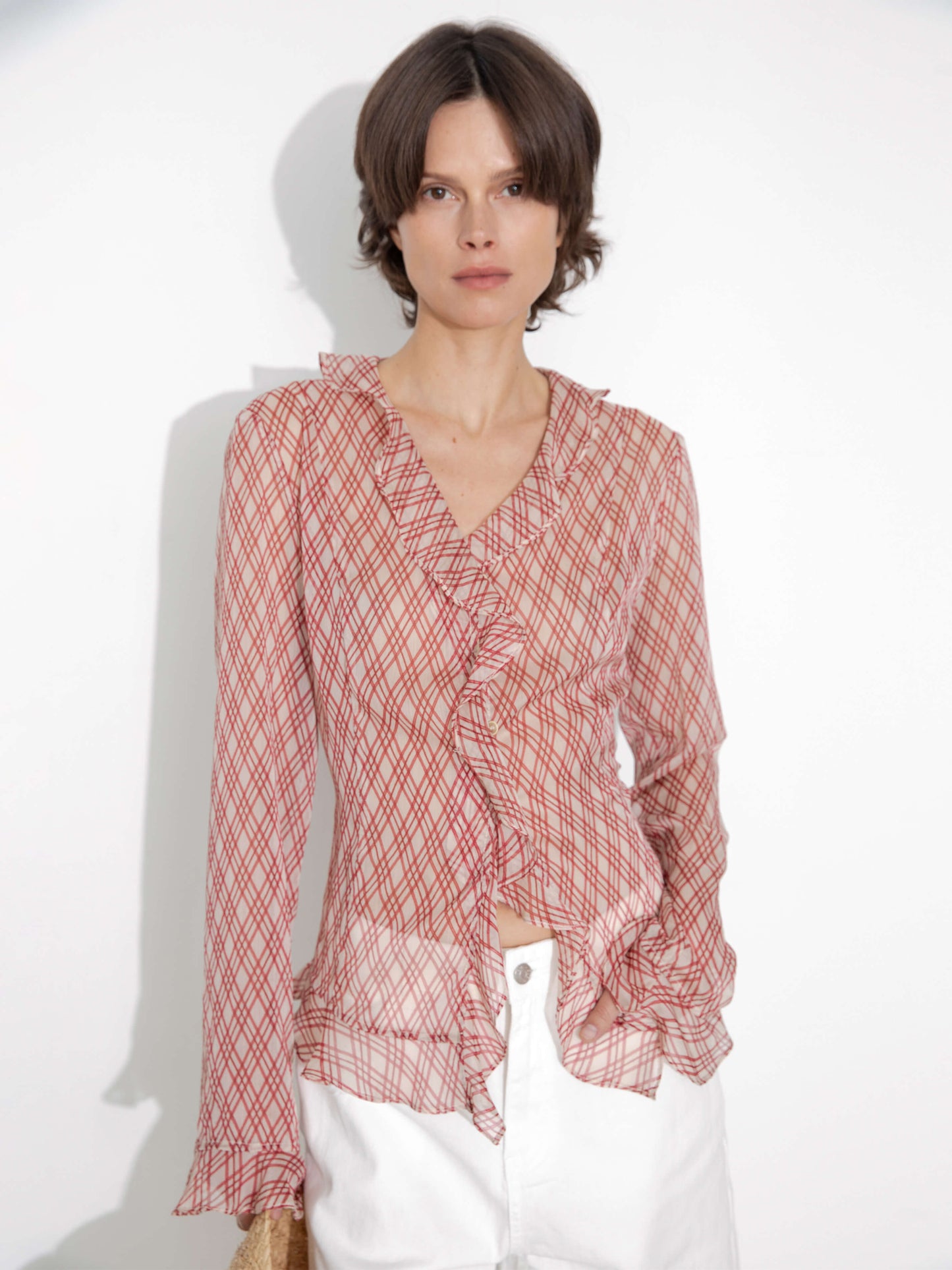 Semi-Sheer Ruffle Trim Check Shirt