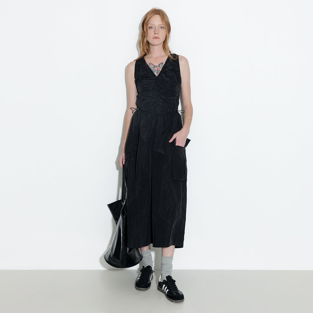 Drawstring Pleated V-Neck Sleeveless Dress
