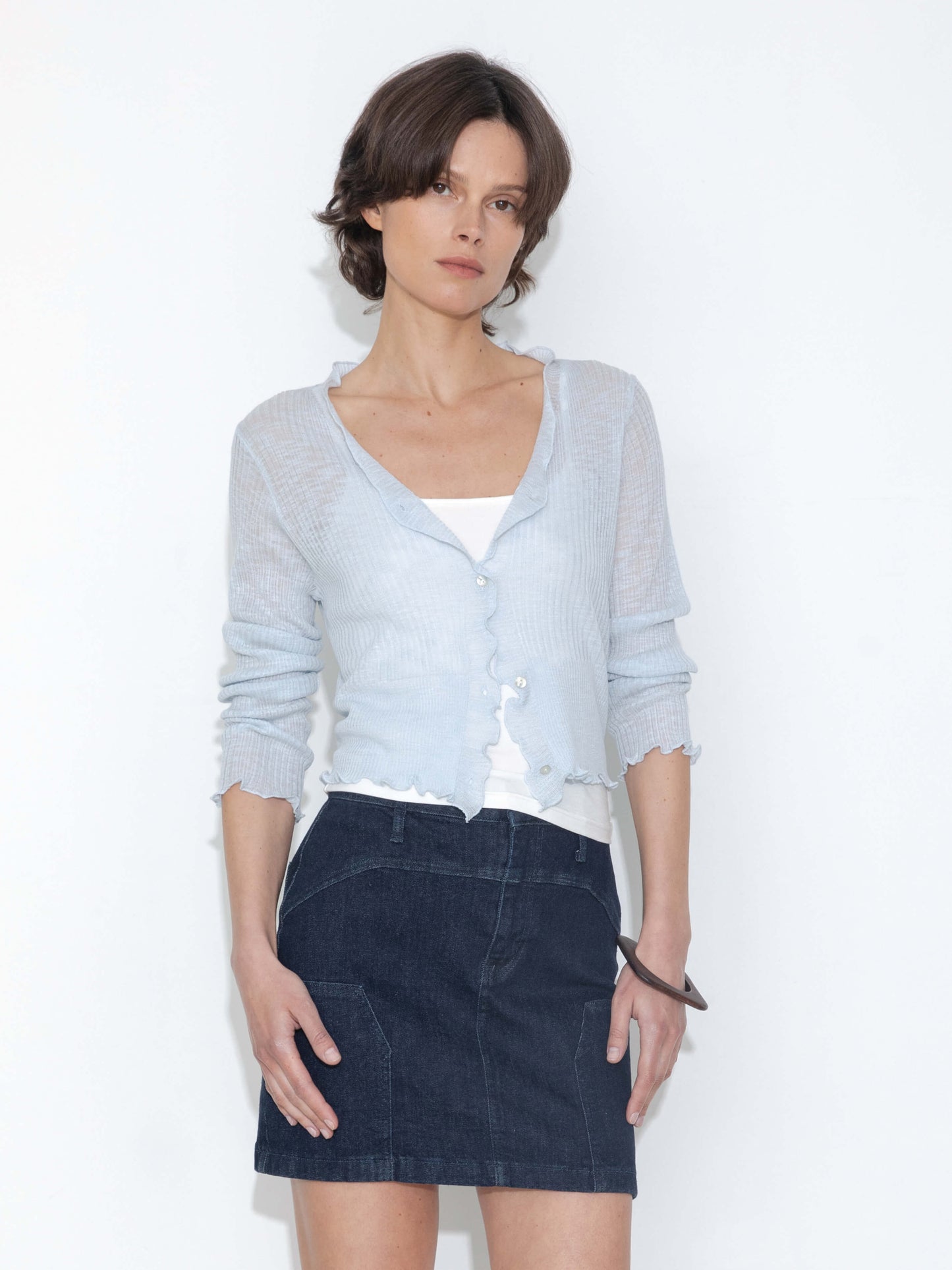 V-Neck Knit Cardigan with Ruffled Long Sleeves