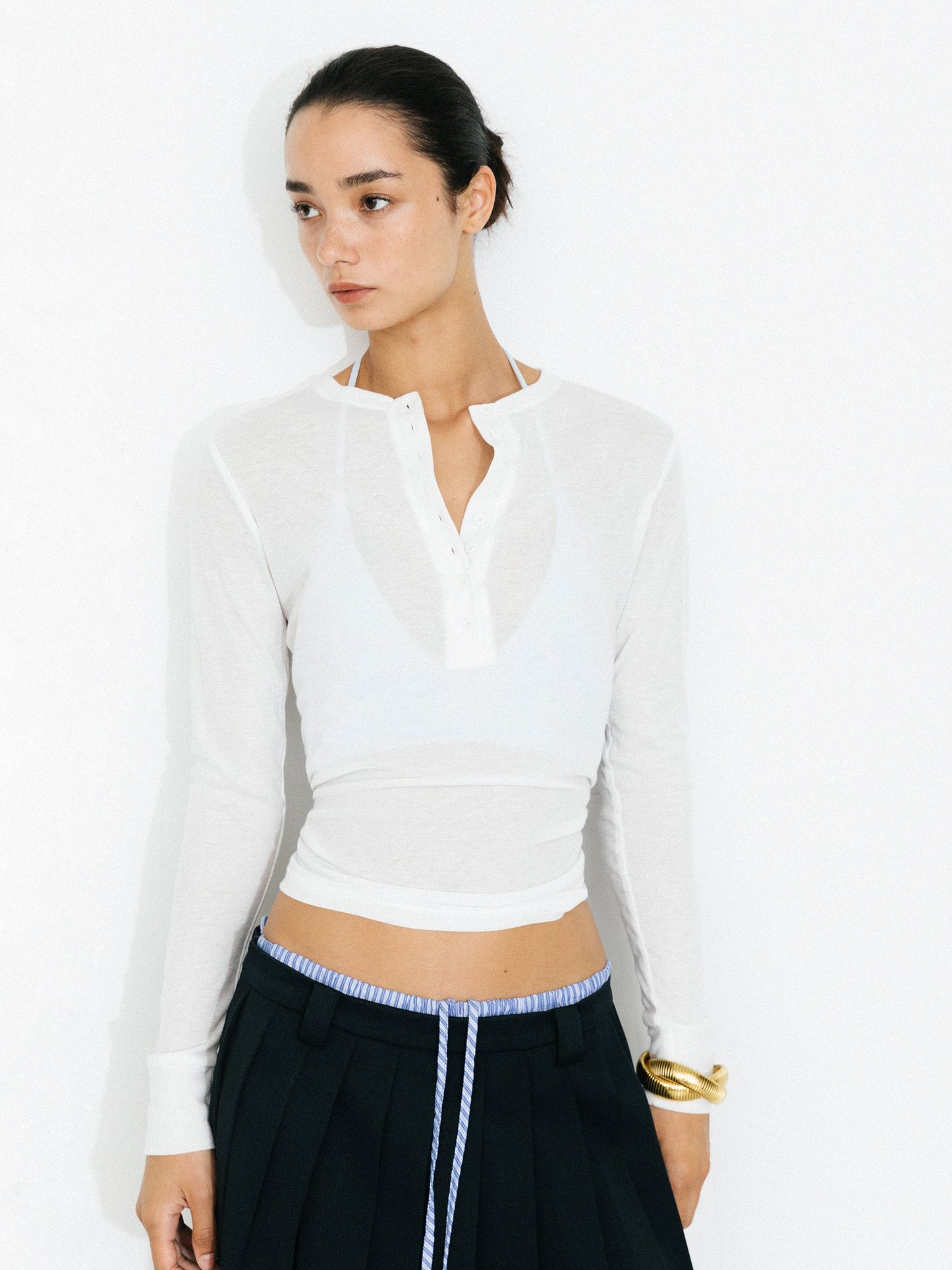 C by CUBIC Henley Neck Slim-Fit Long-Sleeve Top