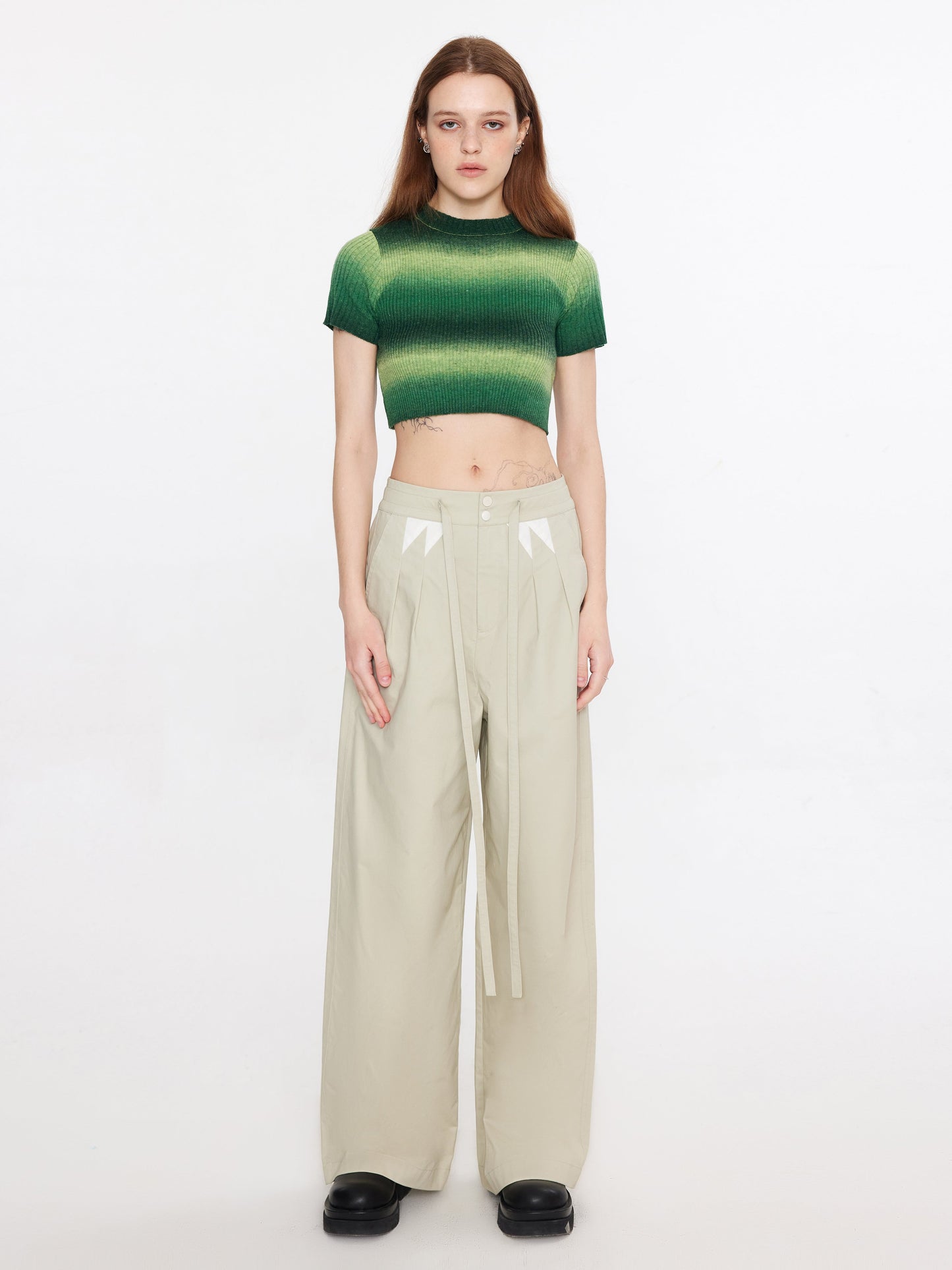 Striped Cropped Knit T-Shirt With Sleeves