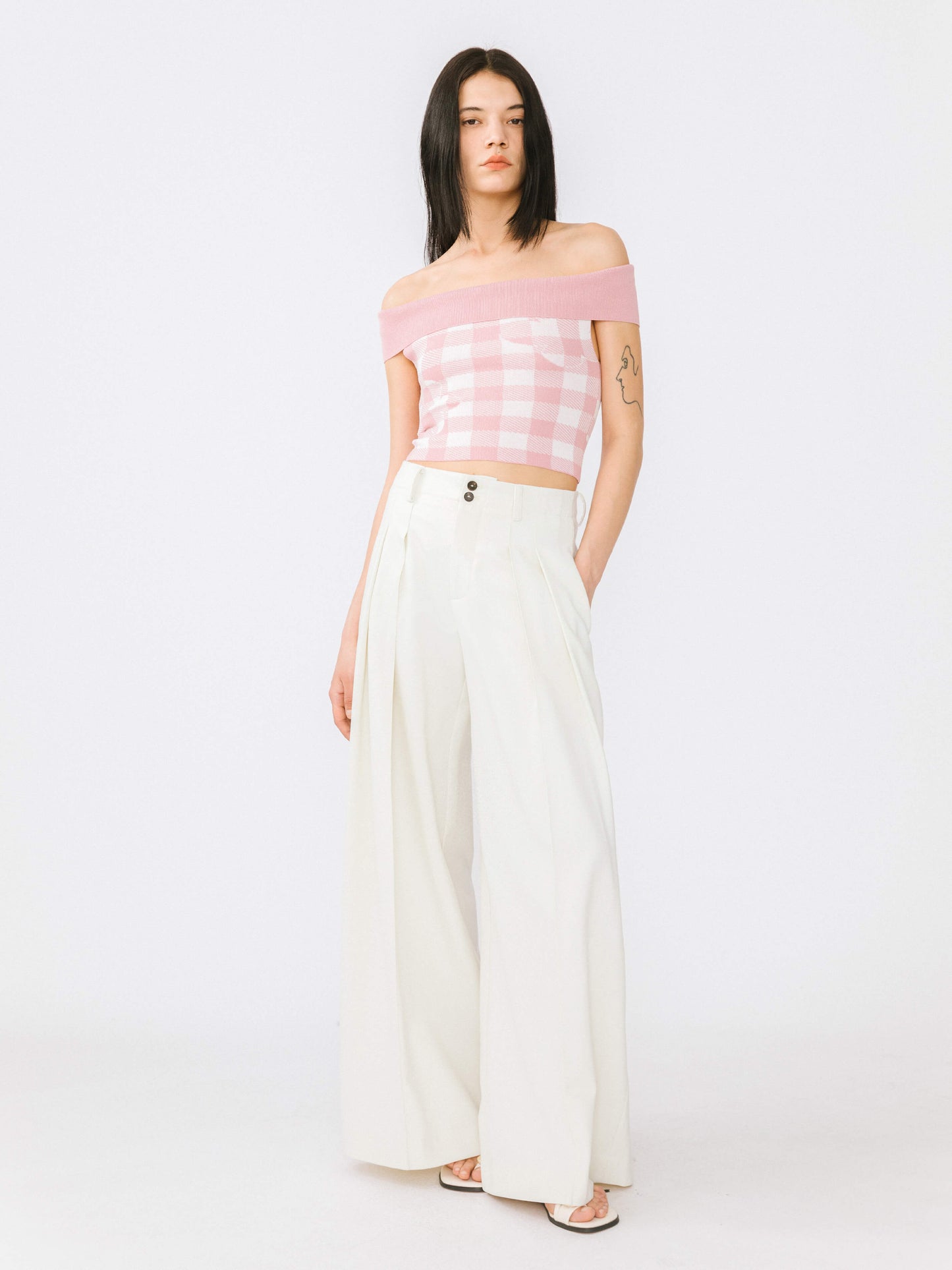 Off-Shoulder Checkered Knit Cami Top