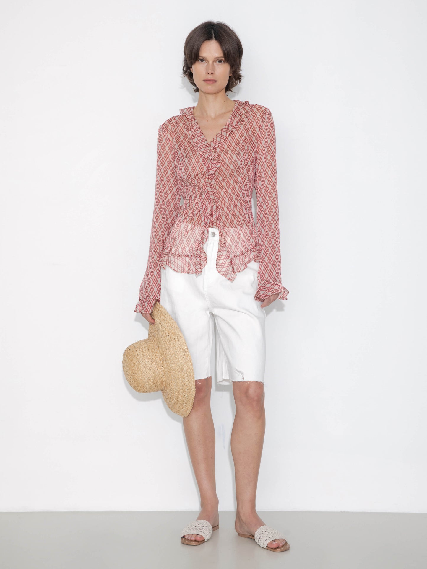 Semi-Sheer Ruffle Trim Check Shirt