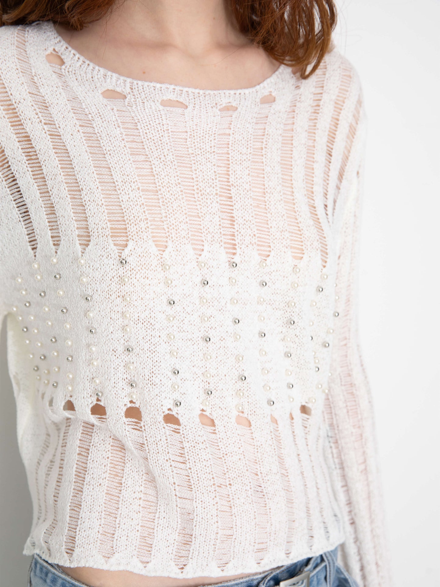 Beaded Hollow-Out Knit Top with Flare Sleeves