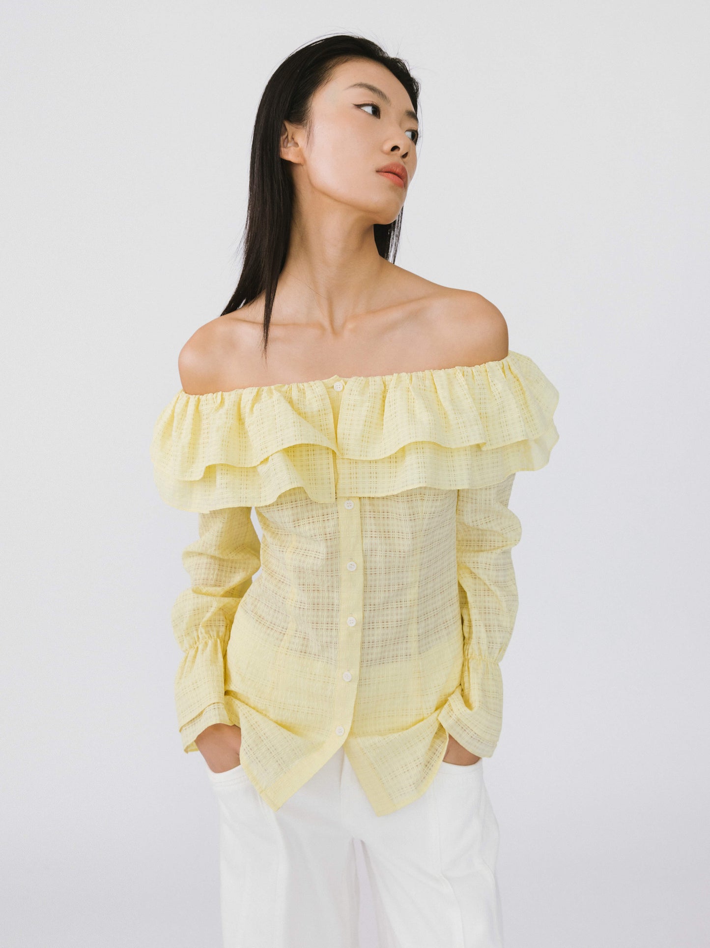Frills Volume Off Neckline Shirt