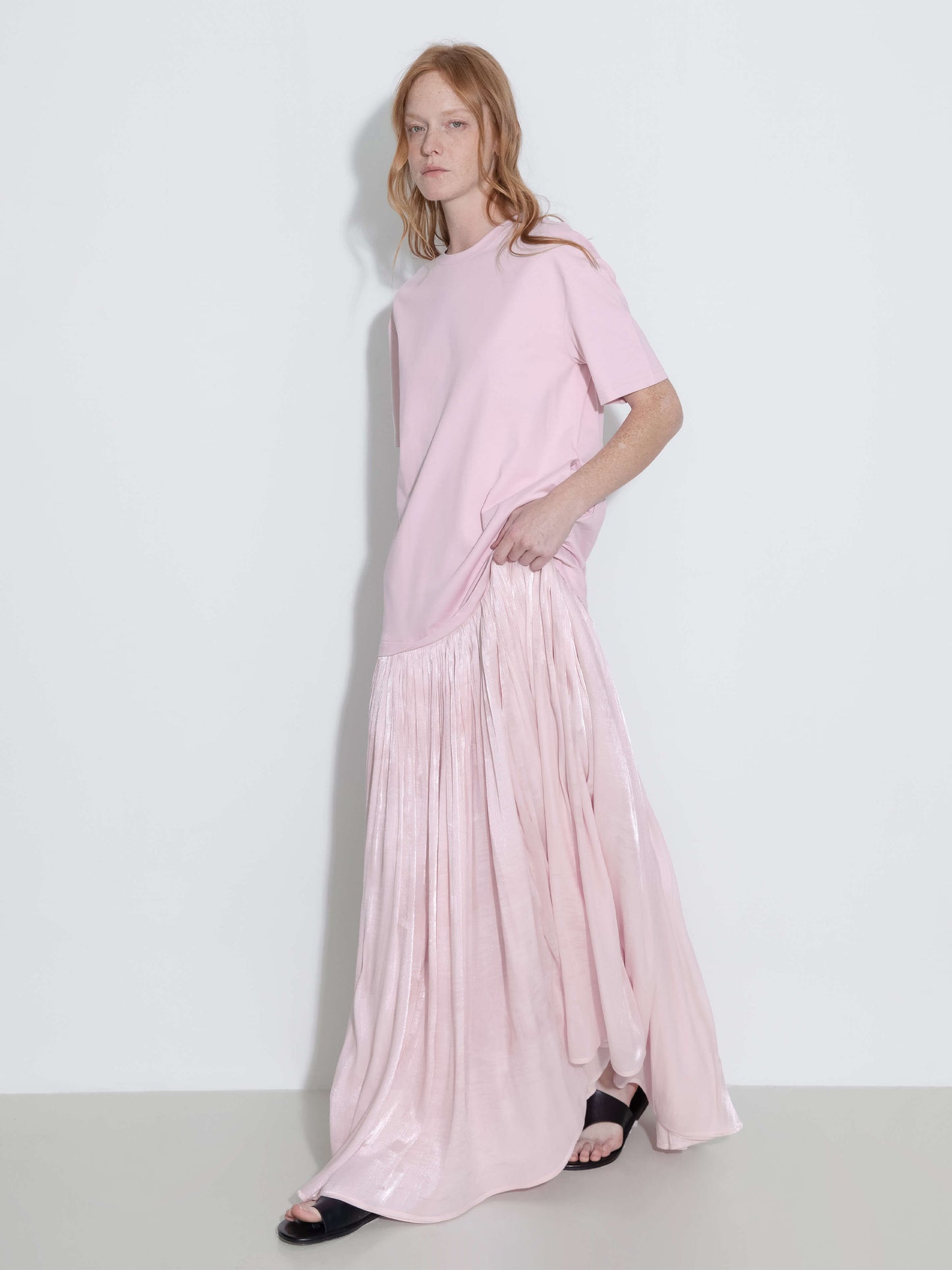 Oversized Round Neck Short Sleeve Pleated Dress