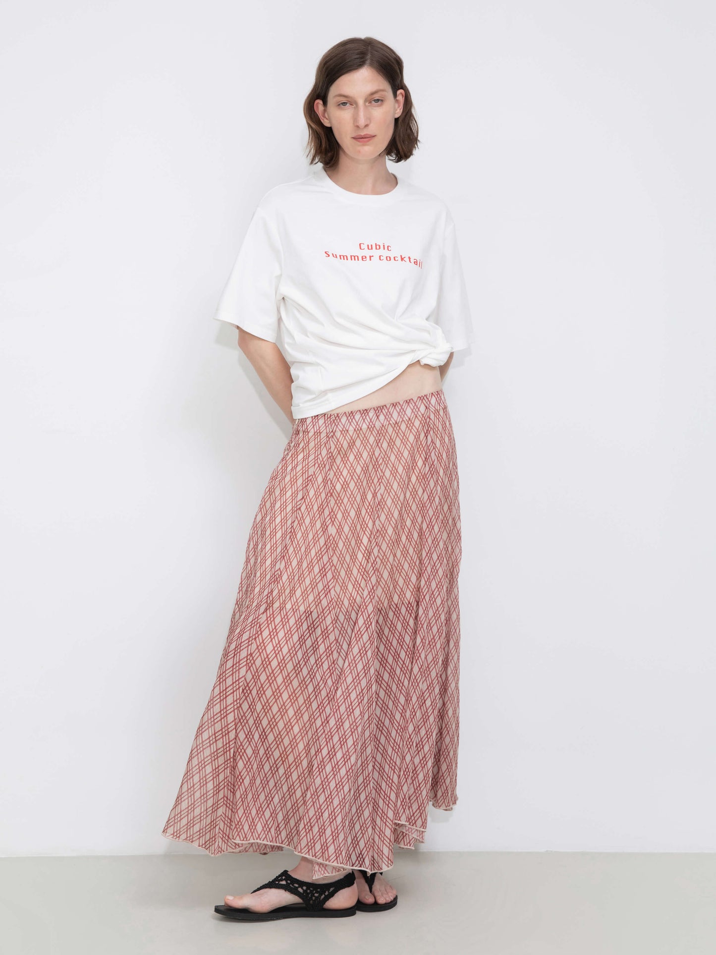 Asymmetrical Flowy Check Maxi Skirt-Red