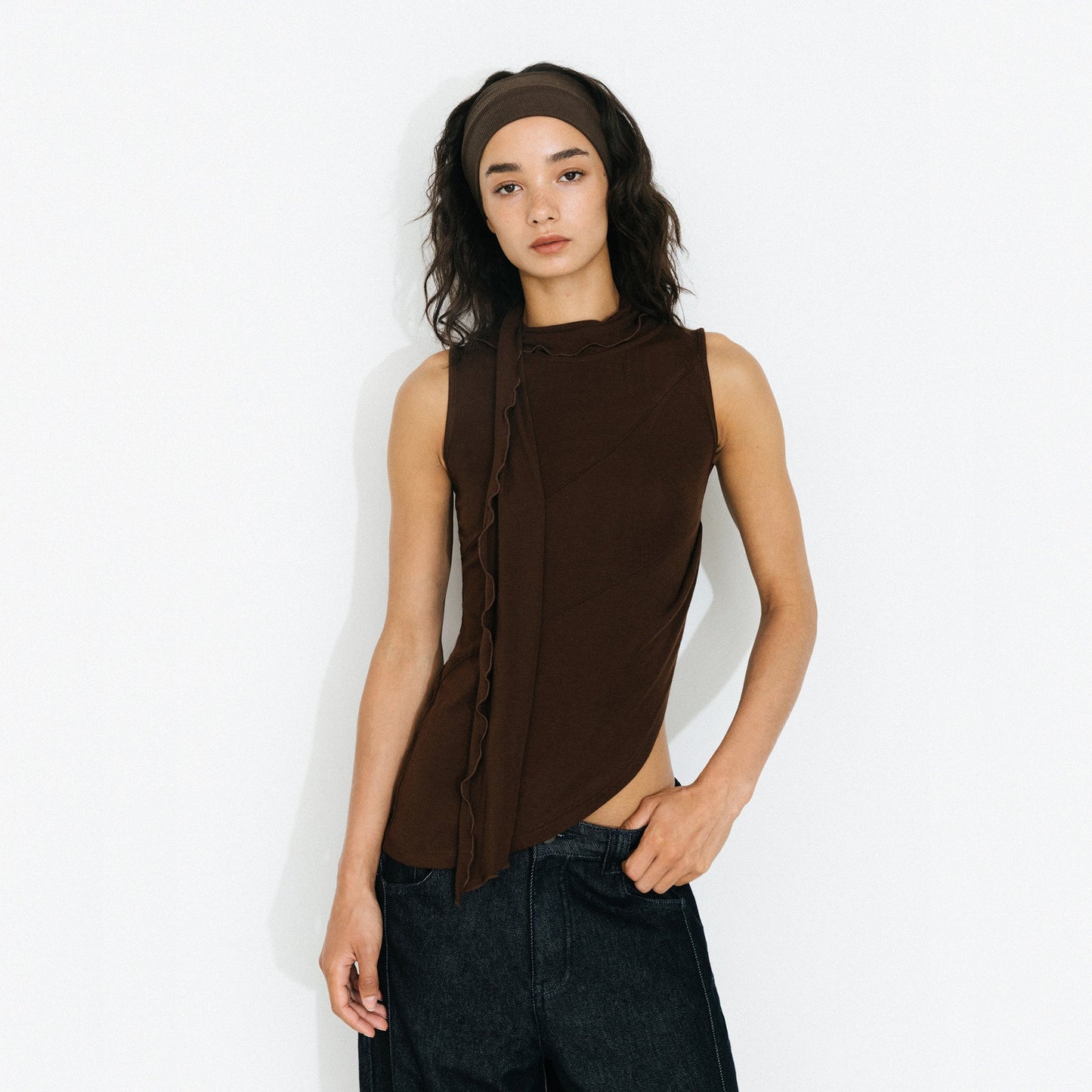 Asymmetrical Tie-Neck Flowy Sleeveless Top