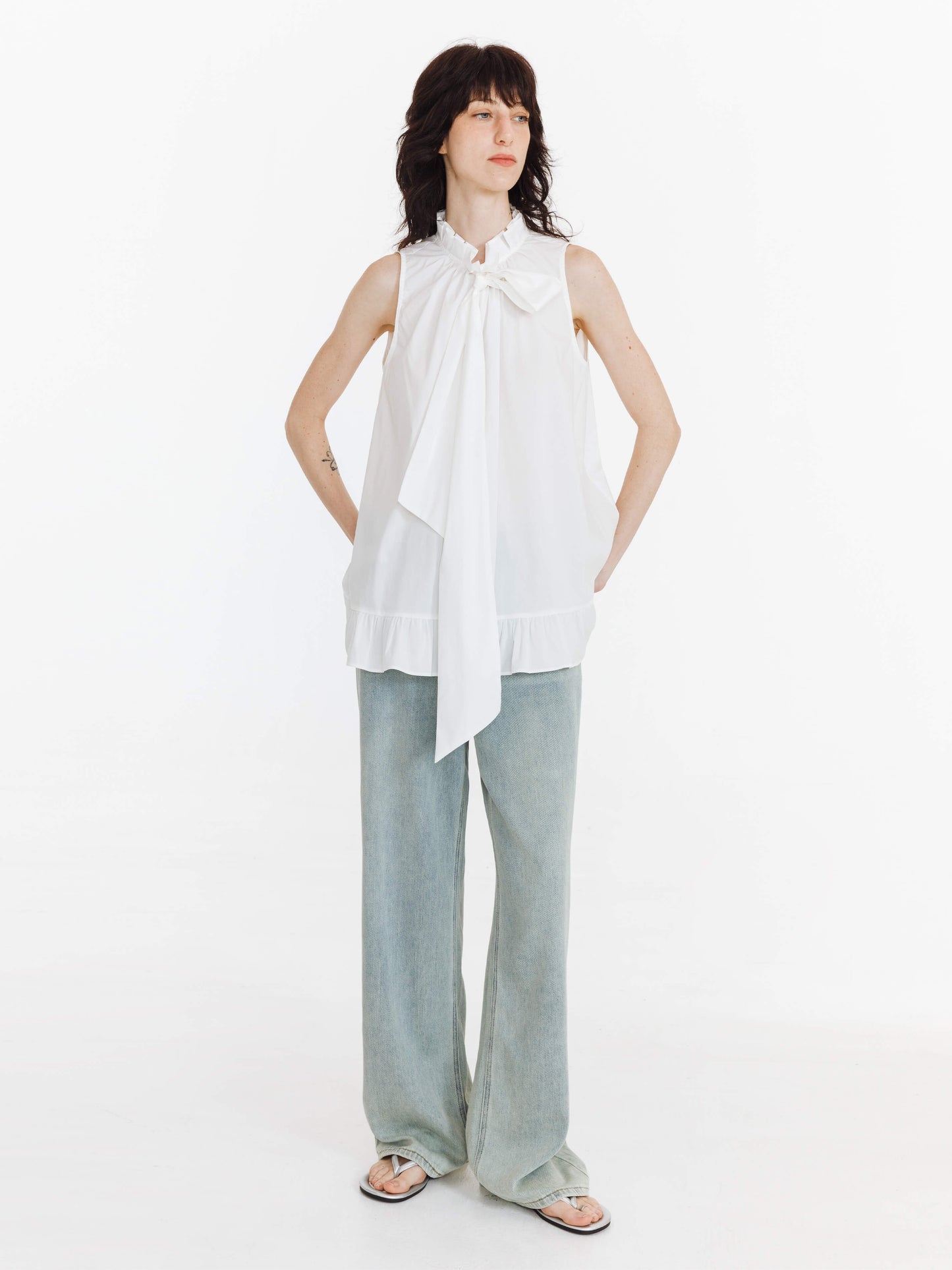 Ruffle Stand Collar Tie A-line Tank Top