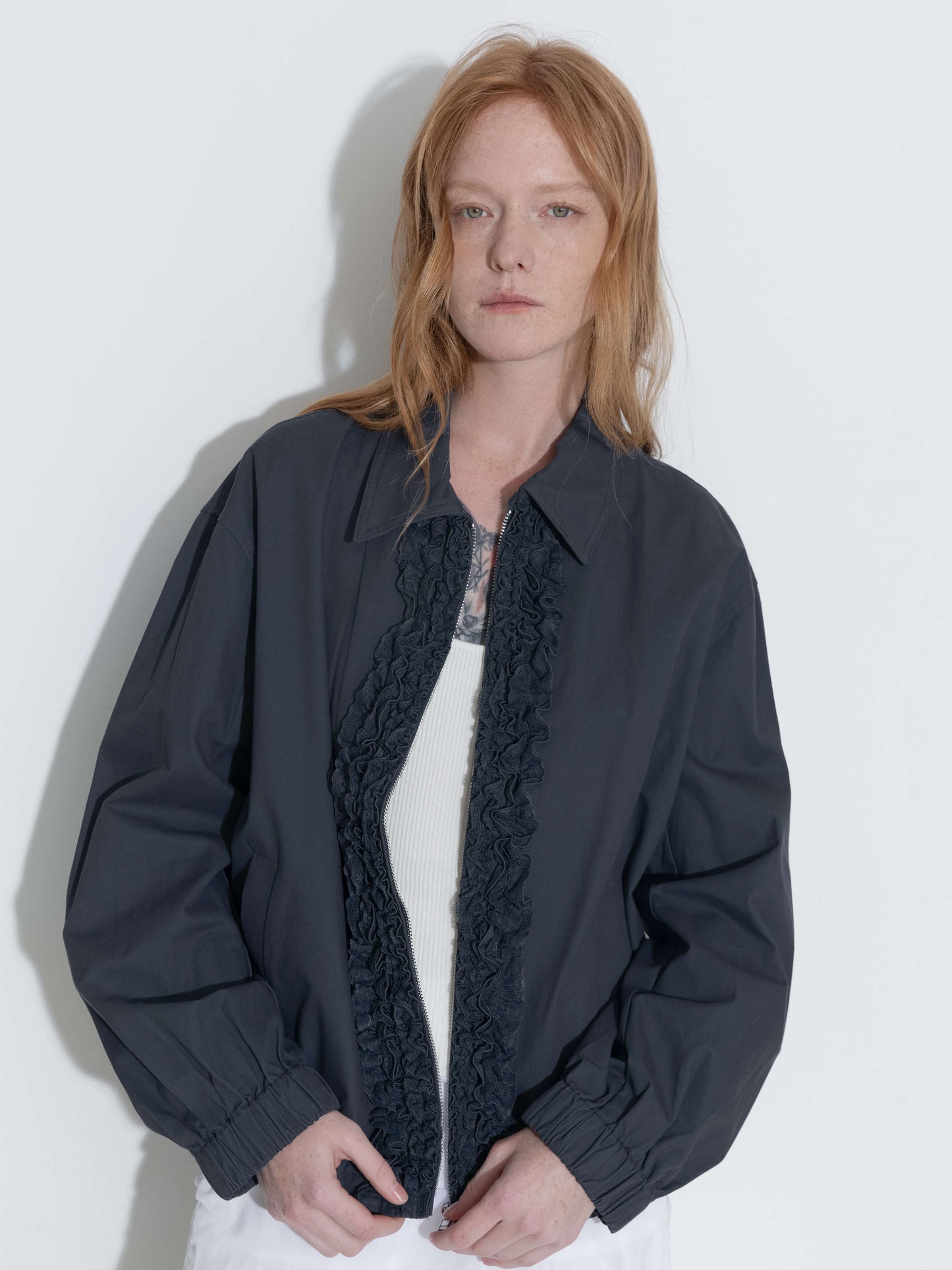 Cotton Ruffles Zipper Jacket with Elastic Cuffs