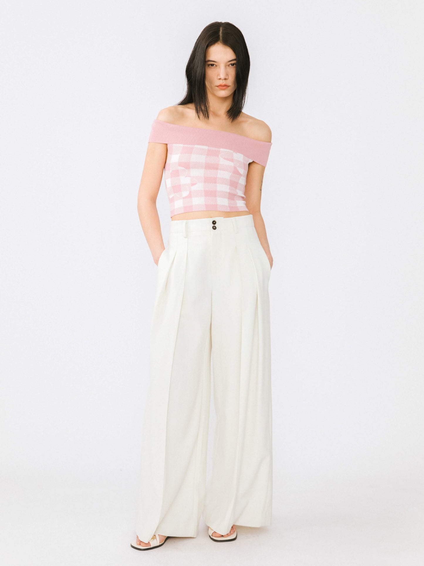 Off-Shoulder Checkered Knit Cami Top