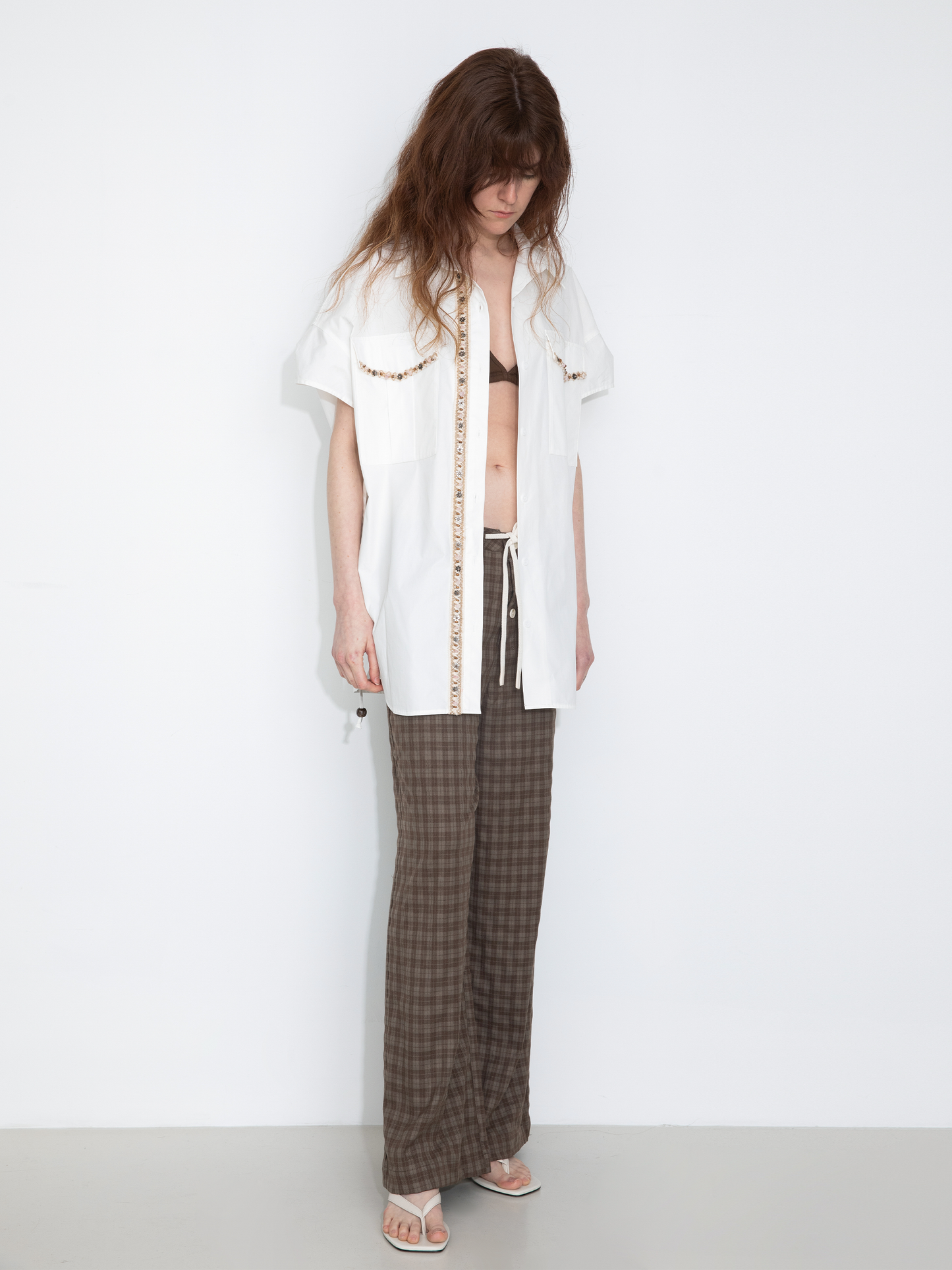 Beaded Placket Utility Short-Sleeve Shirt