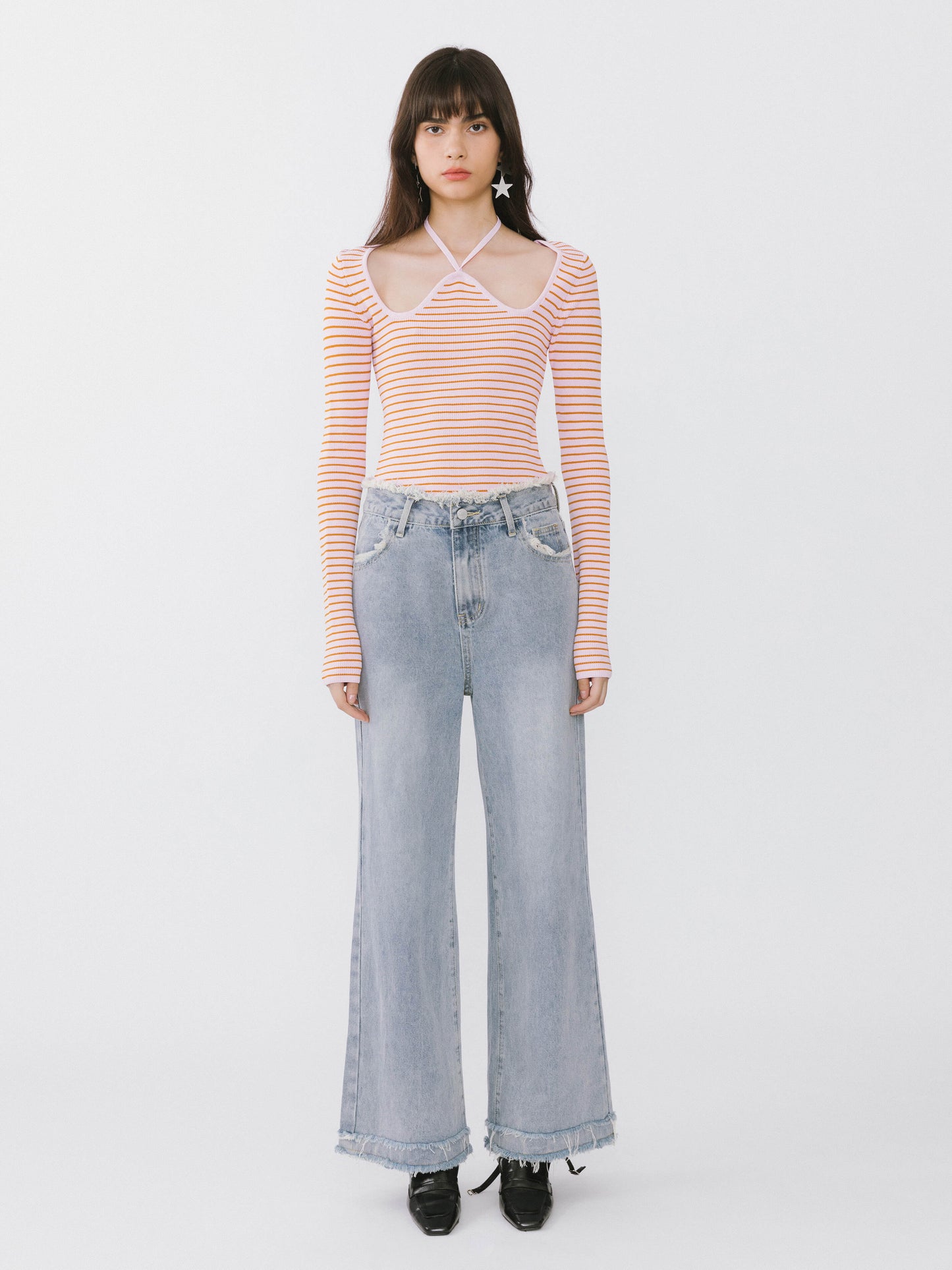Chest Cut Out Striped Long Sleeve Top