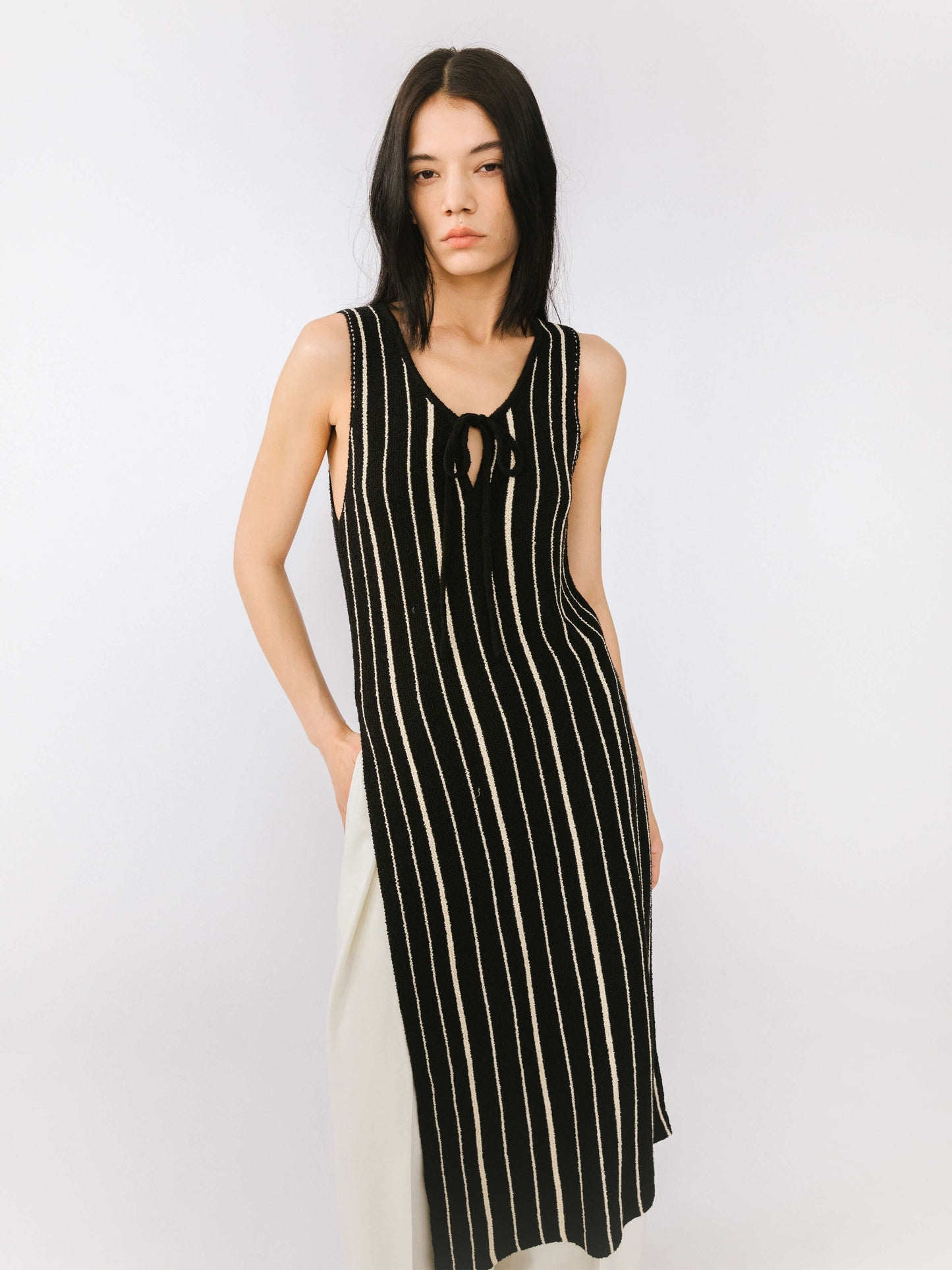 High Slit Striped Knit Sleeveless Dress
