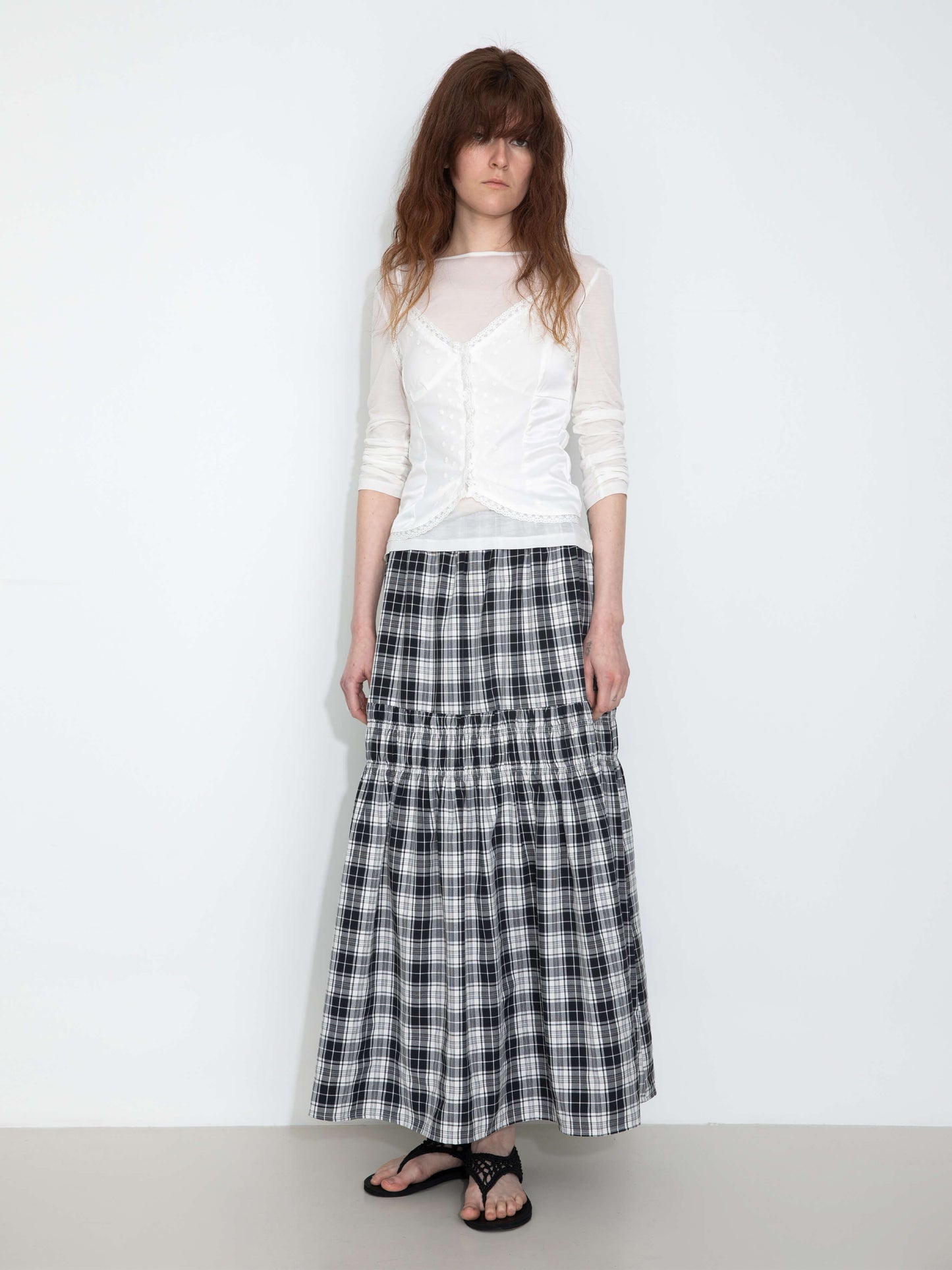 Elastic Drawstring High Waist Checked Skirt