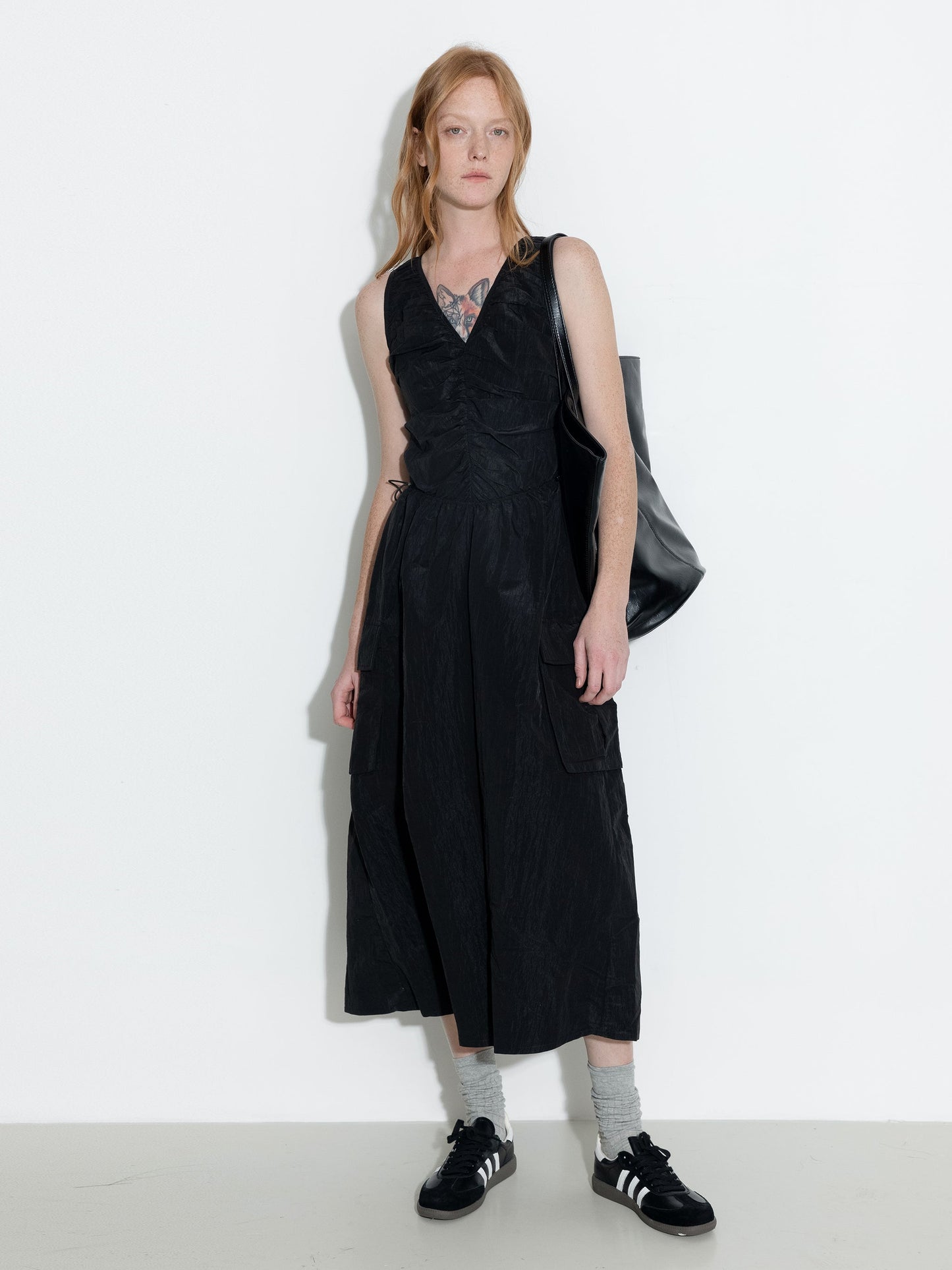 Drawstring Pleated V-Neck Sleeveless Dress