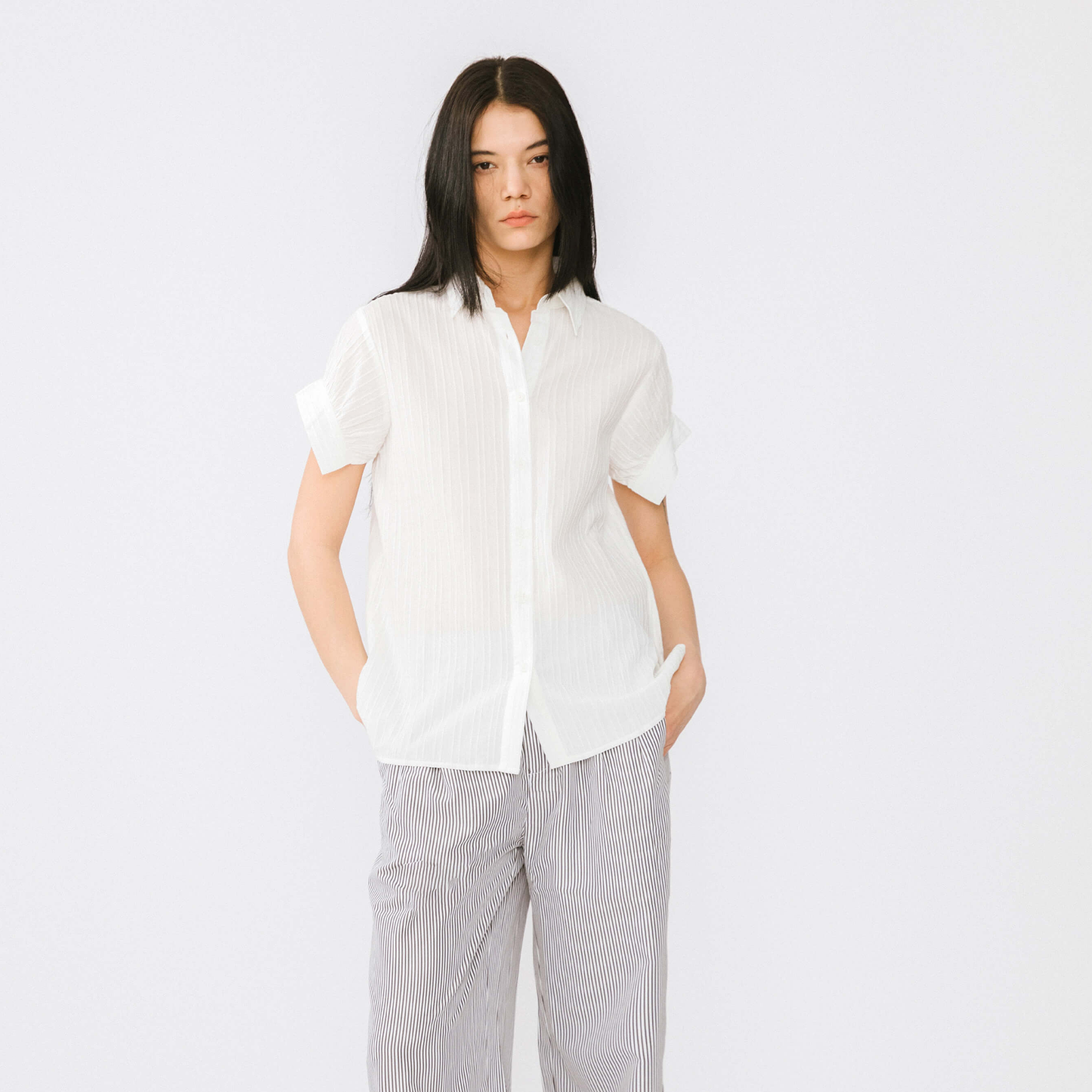 Loose Shirt with Pleated Short Sleeves