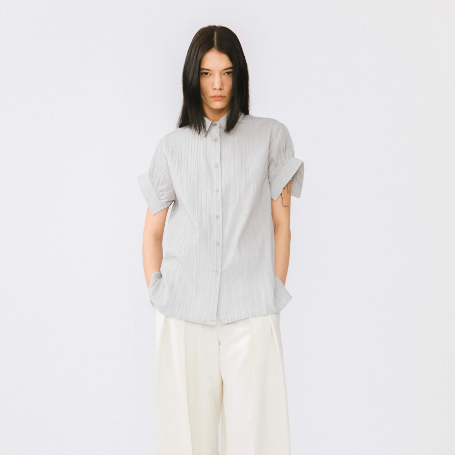 Loose Shirt with Pleated Short Sleeves