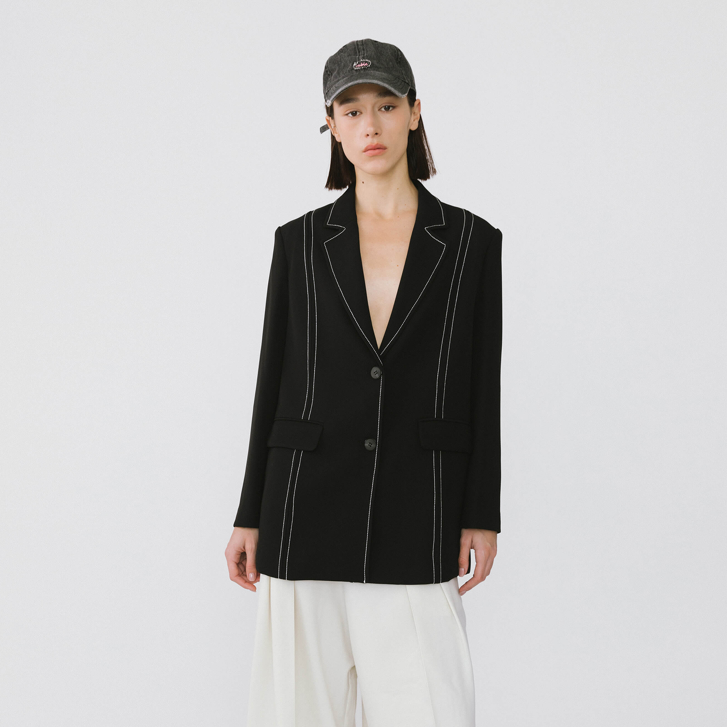 Single Breasted Contrast Topstitch Long Blazer