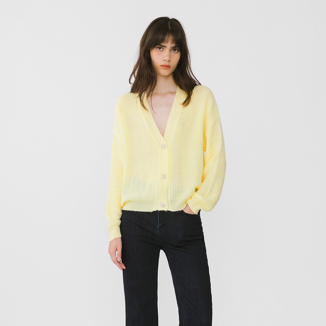 Casual V-Neck Ribbed Knit Cardigan with Wool Blend