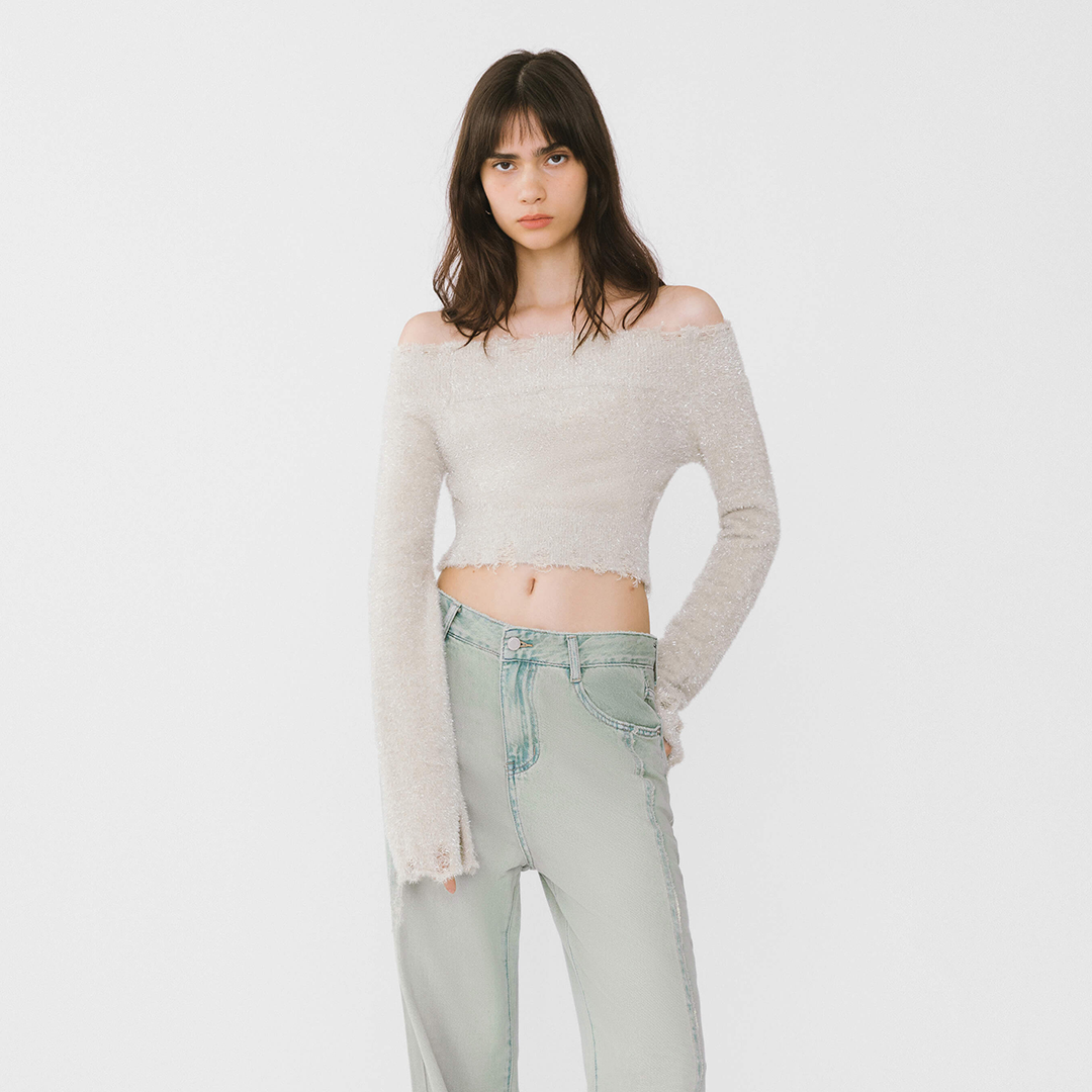 Off-Shoulder Long Sleeve Knit Crop Top