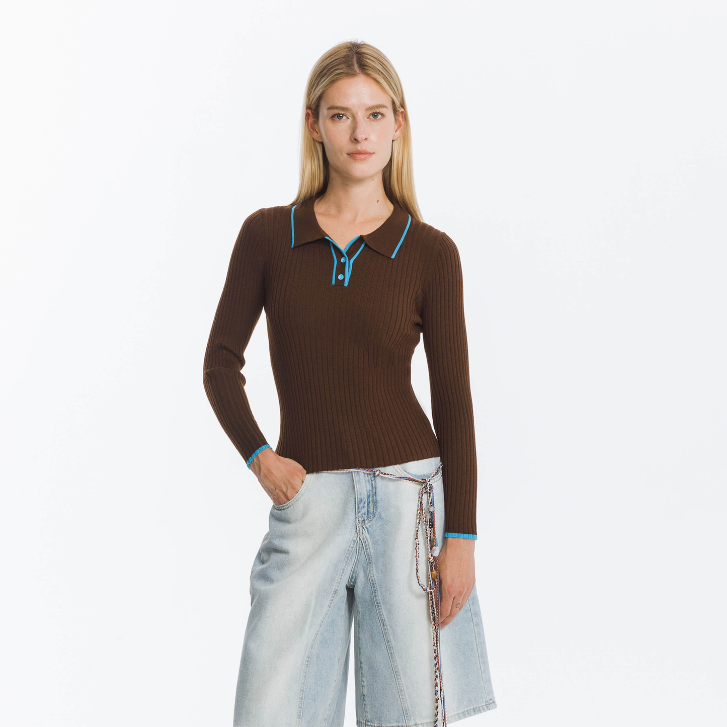 Ribbed Contrast Knitted Long Sleeve Top