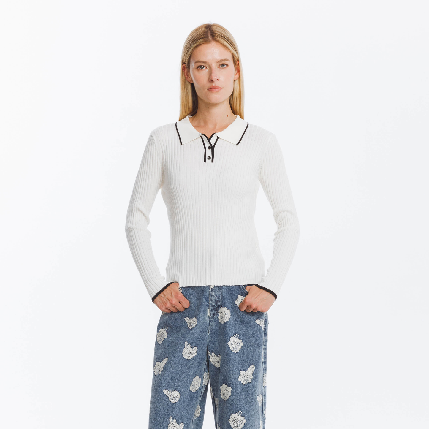 Ribbed Contrast Knitted Long Sleeve Top