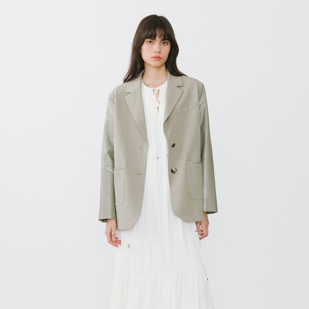 Faux Leather and Wool Oversized Blazer