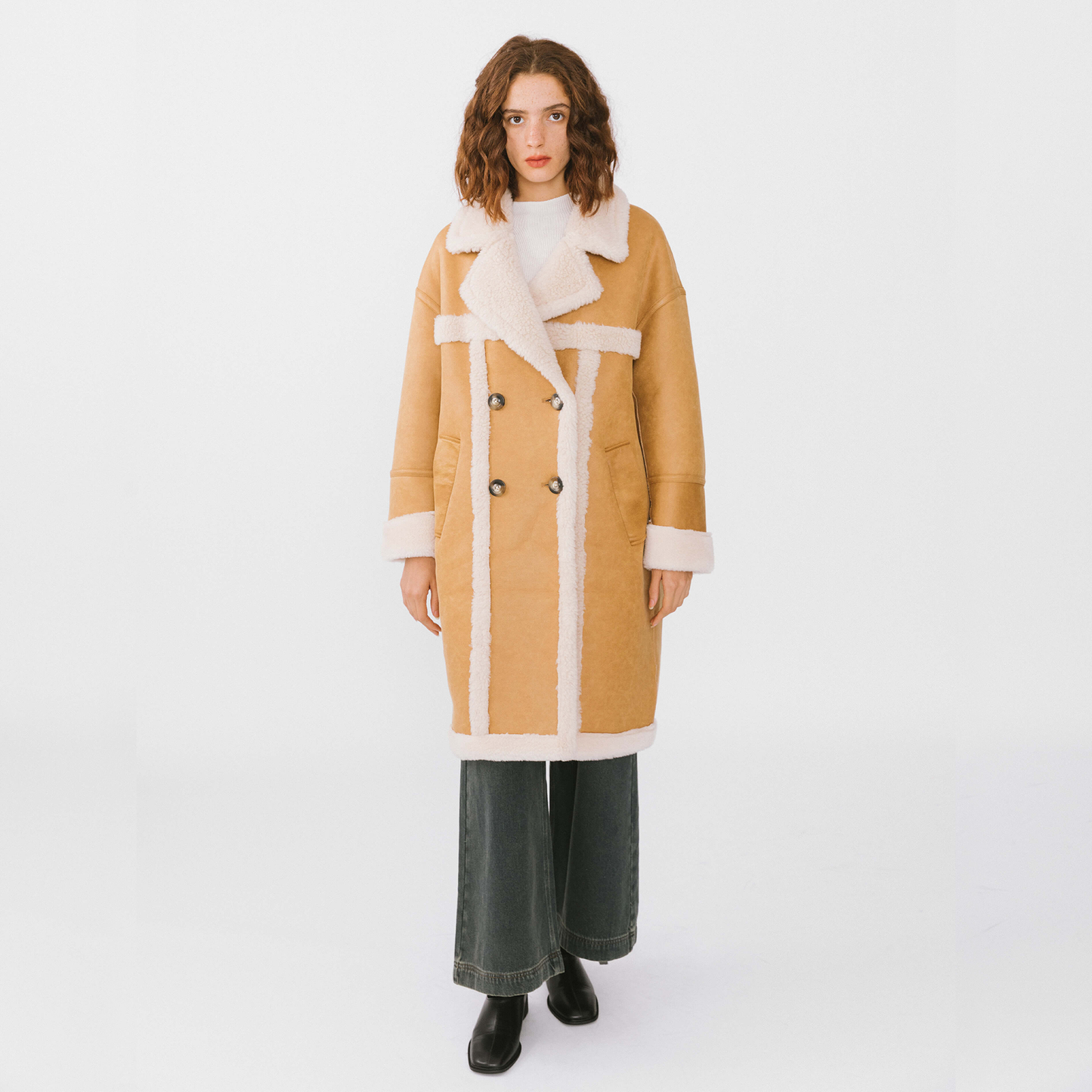 Yellow Faux Leather Sheep Wool Long Coat