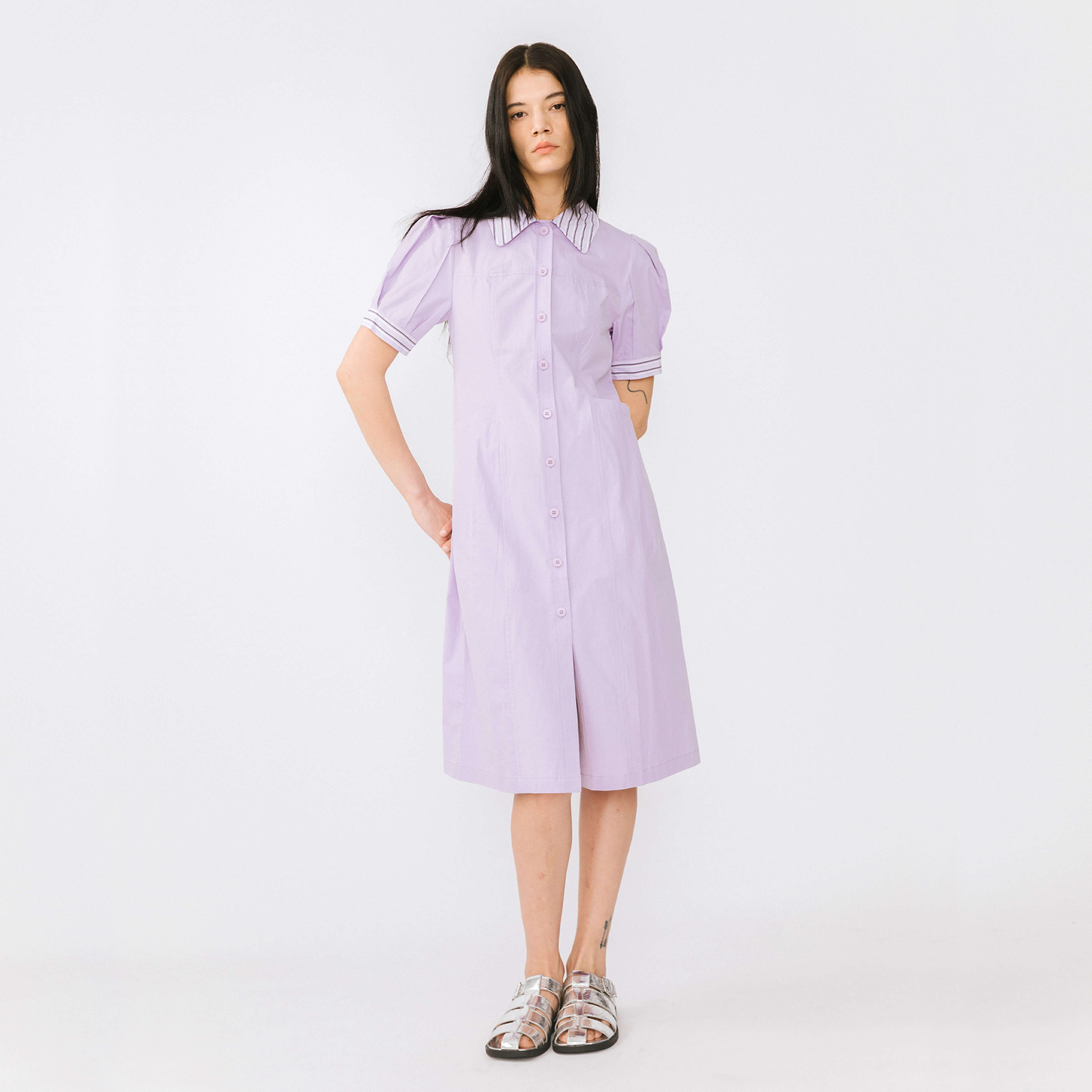 Pure Cotton Short Puff Sleeve Midi Dress
