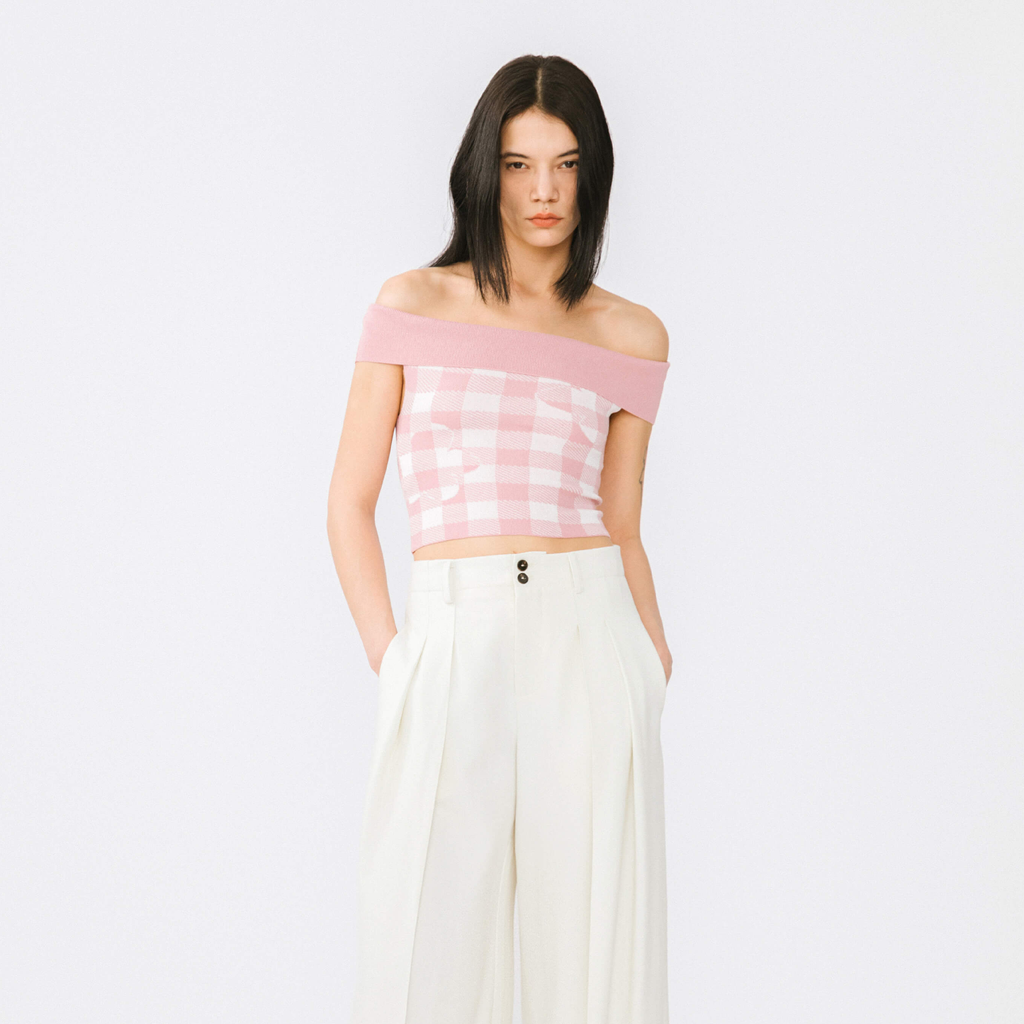 Off-Shoulder Checkered Knit Cami Top