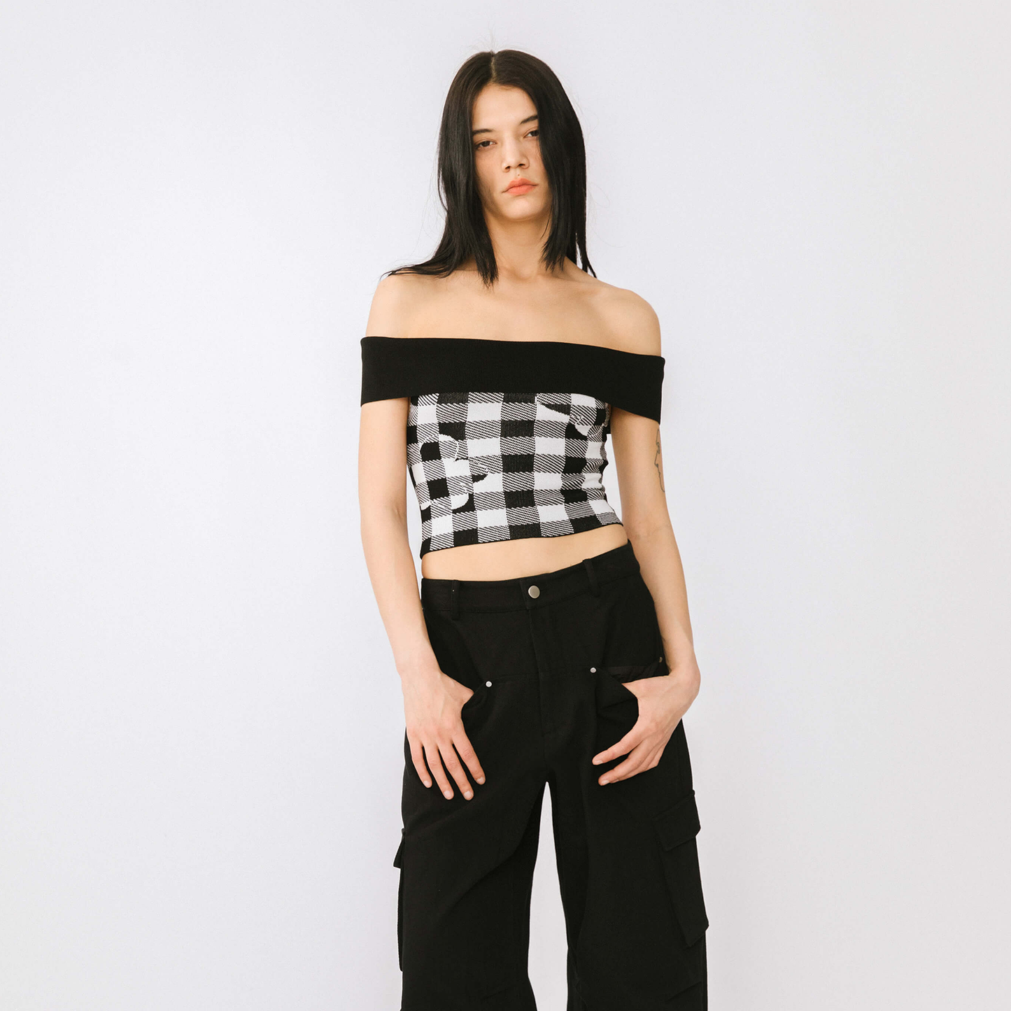 Off-Shoulder Checkered Knit Cami Top