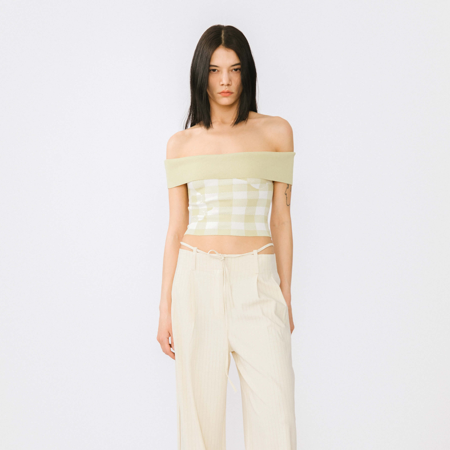 Off-Shoulder Checkered Knit Cami Top