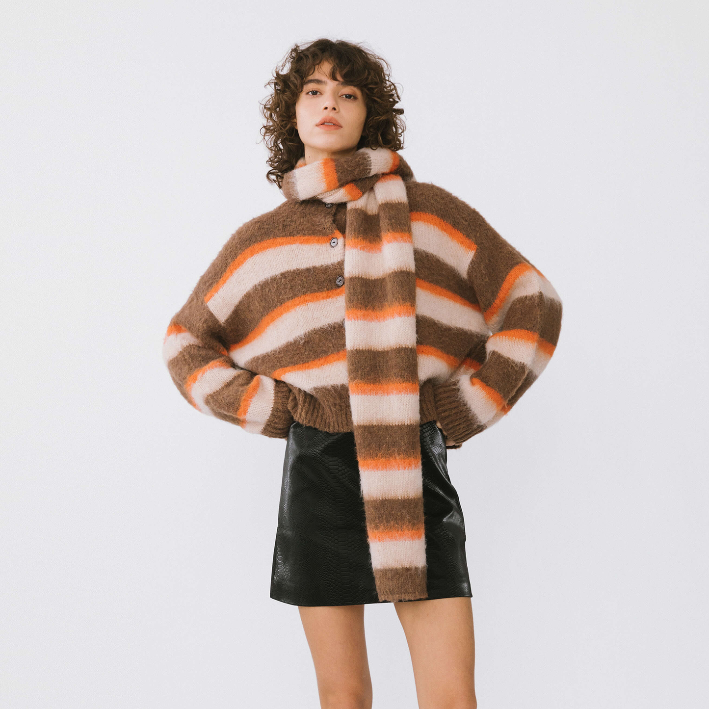 Striped Color Block Wool Knit Cardigan With Scarf