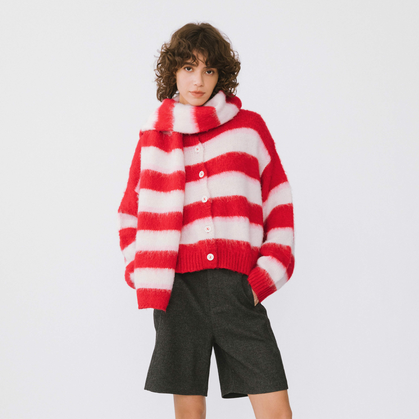 Striped Color Block Wool Knit Cardigan With Scarf