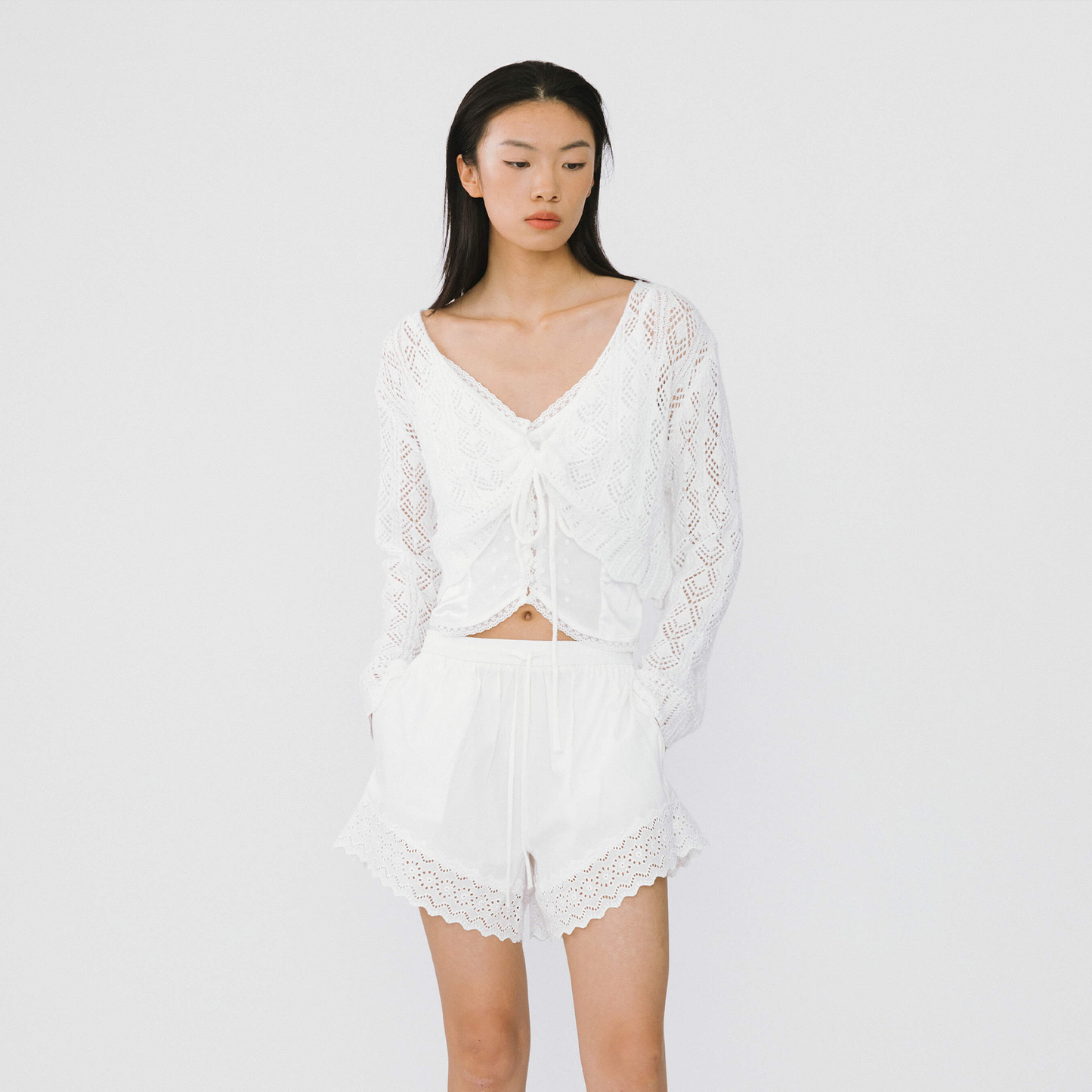 Thin Knit V-Neck Drawstring Top