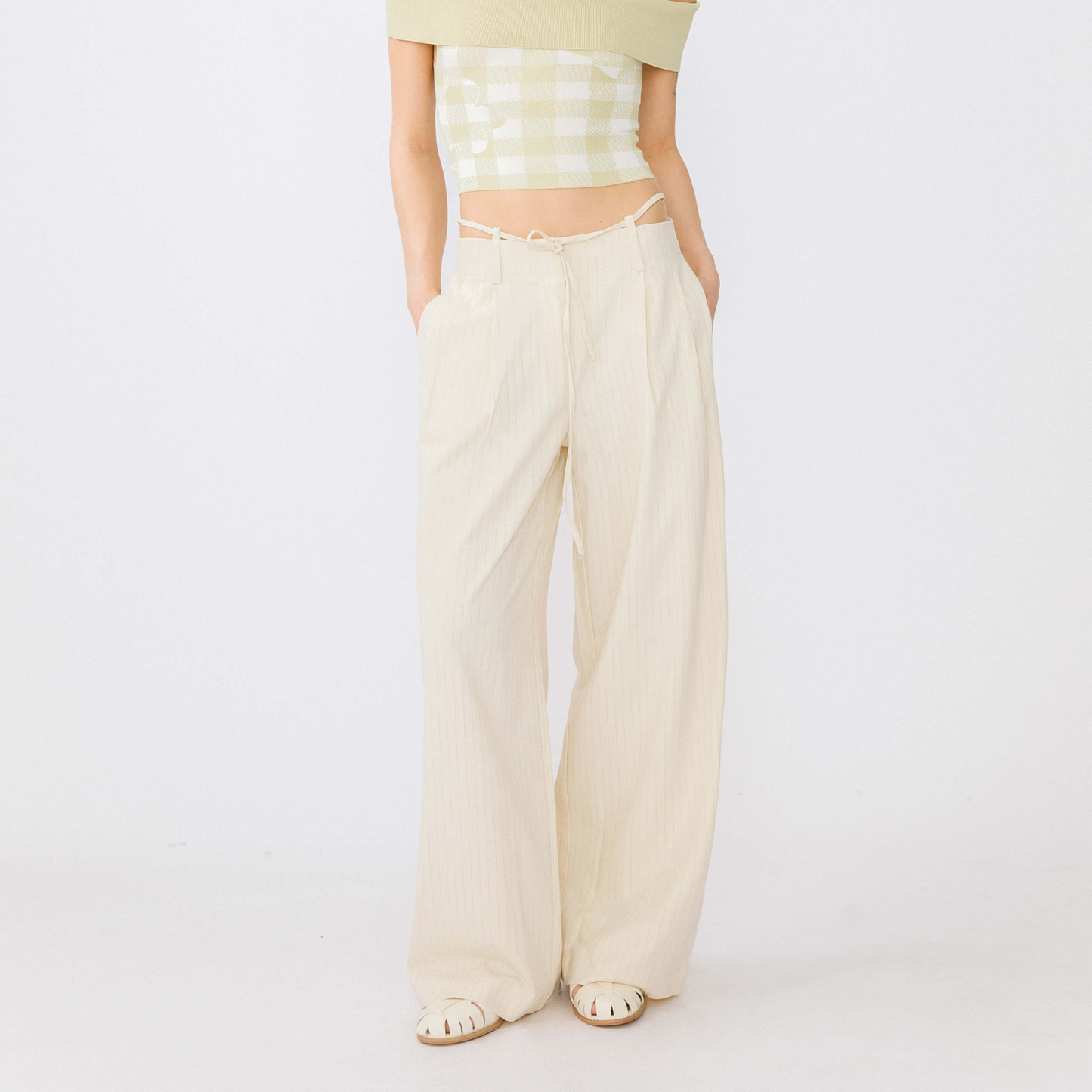 Beige Vertical Striped Wide Leg Casual Trousers