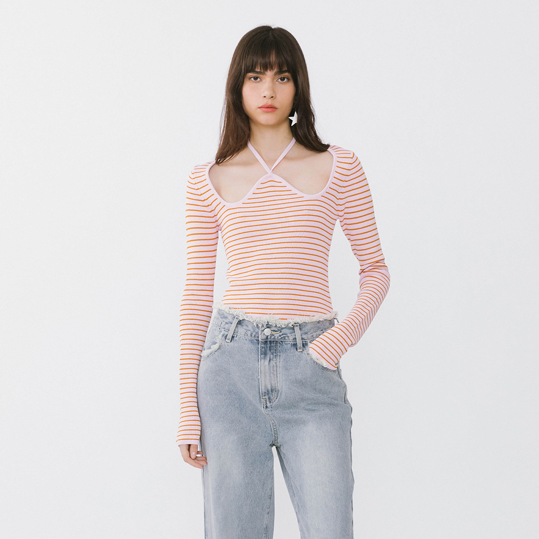 Chest Cut Out Striped Long Sleeve Top