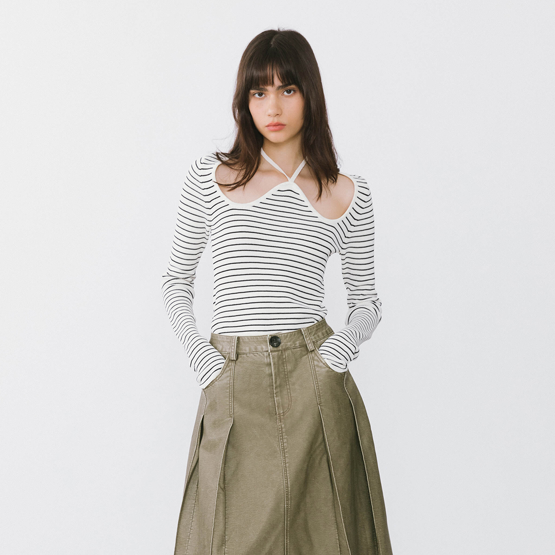 Chest Cut Out Striped Long Sleeve Top
