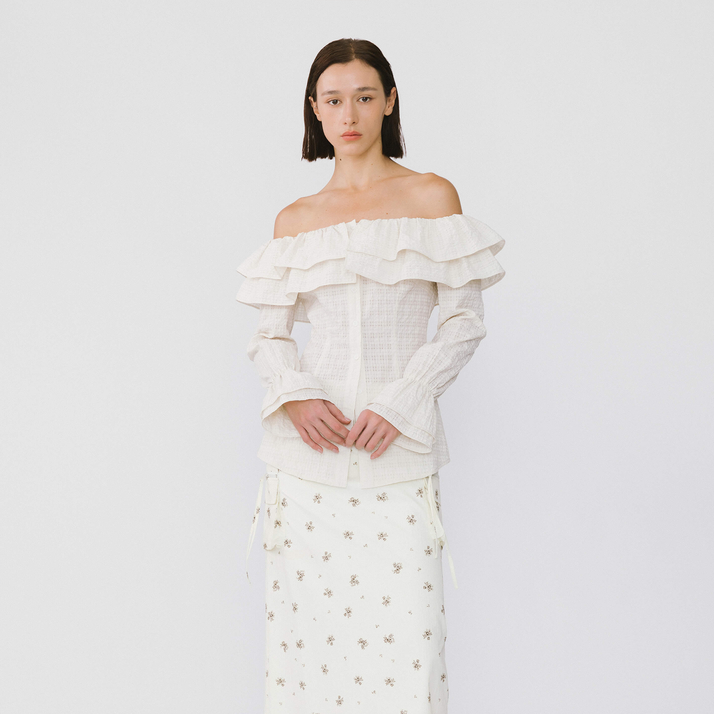 Frills Volume Off Neckline Shirt