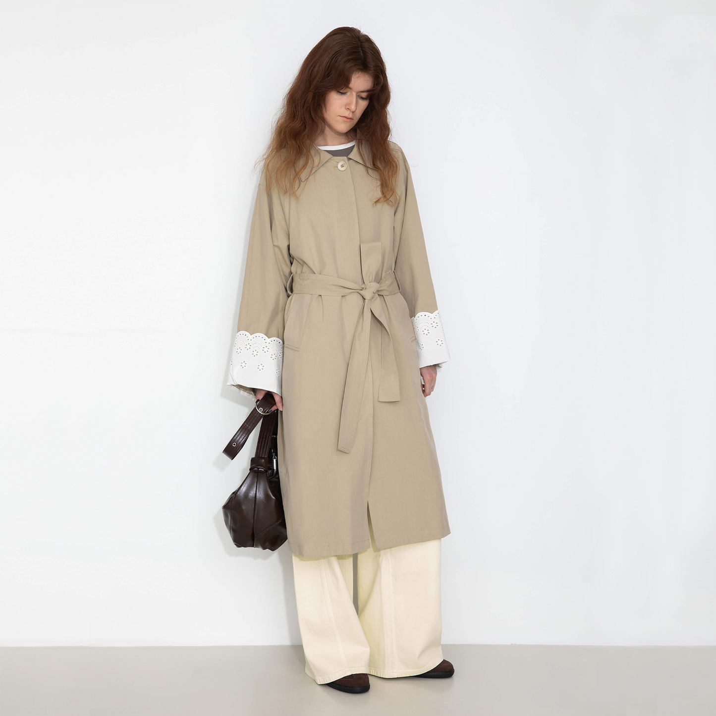 Oversized Thin Trench Coat with Lace Cuffs