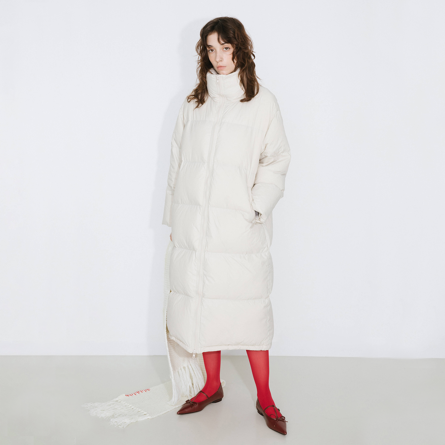 Long High Neck Zip Up Cocoon Down Coat