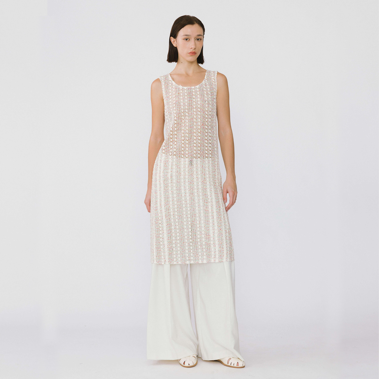 Beige Knitted Mesh Sleeveless Dress