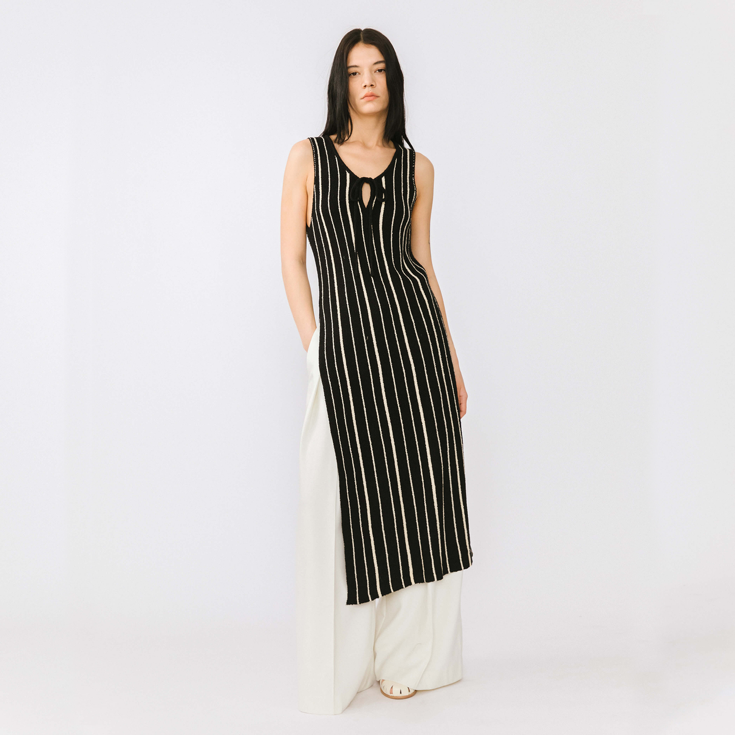 High Slit Striped Knit Sleeveless Dress