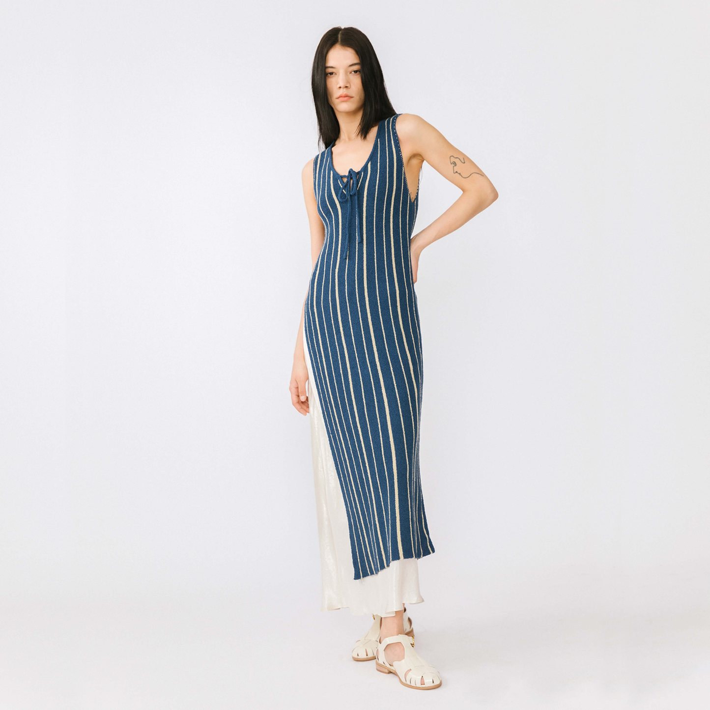 High Slit Striped Knit Sleeveless Dress